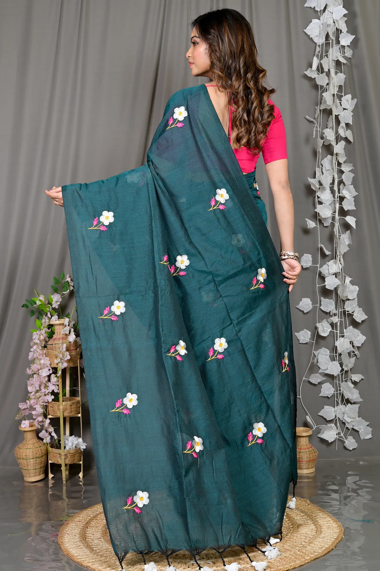 DipDiya Pure Cotton Turquoise Green Paray A Legacy Woven Embroidery Handloom sarees