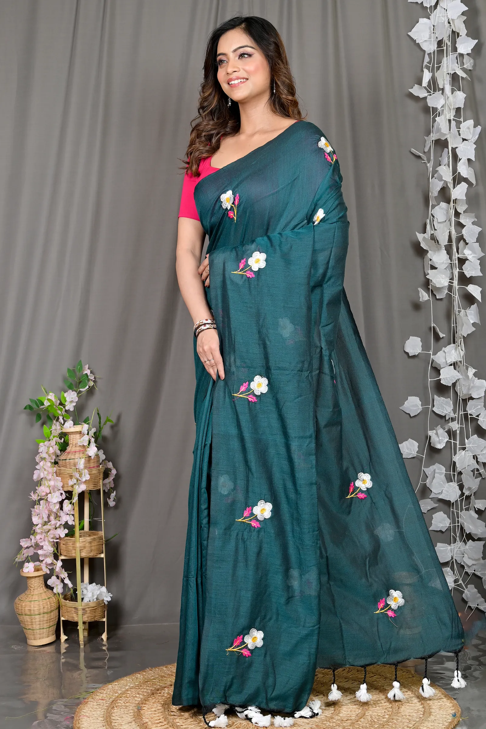 DipDiya Pure Cotton Turquoise Green Paray A Legacy Woven Embroidery Handloom sarees