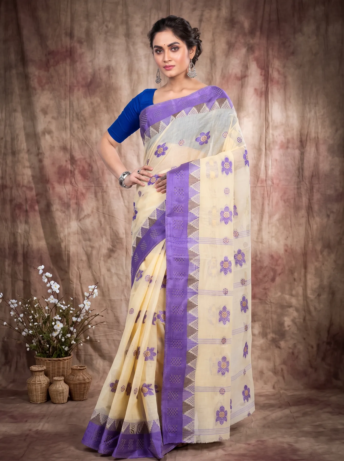 DipDiya Pure Cotton Violet Palasful Essence of Bengal Tant Sarees