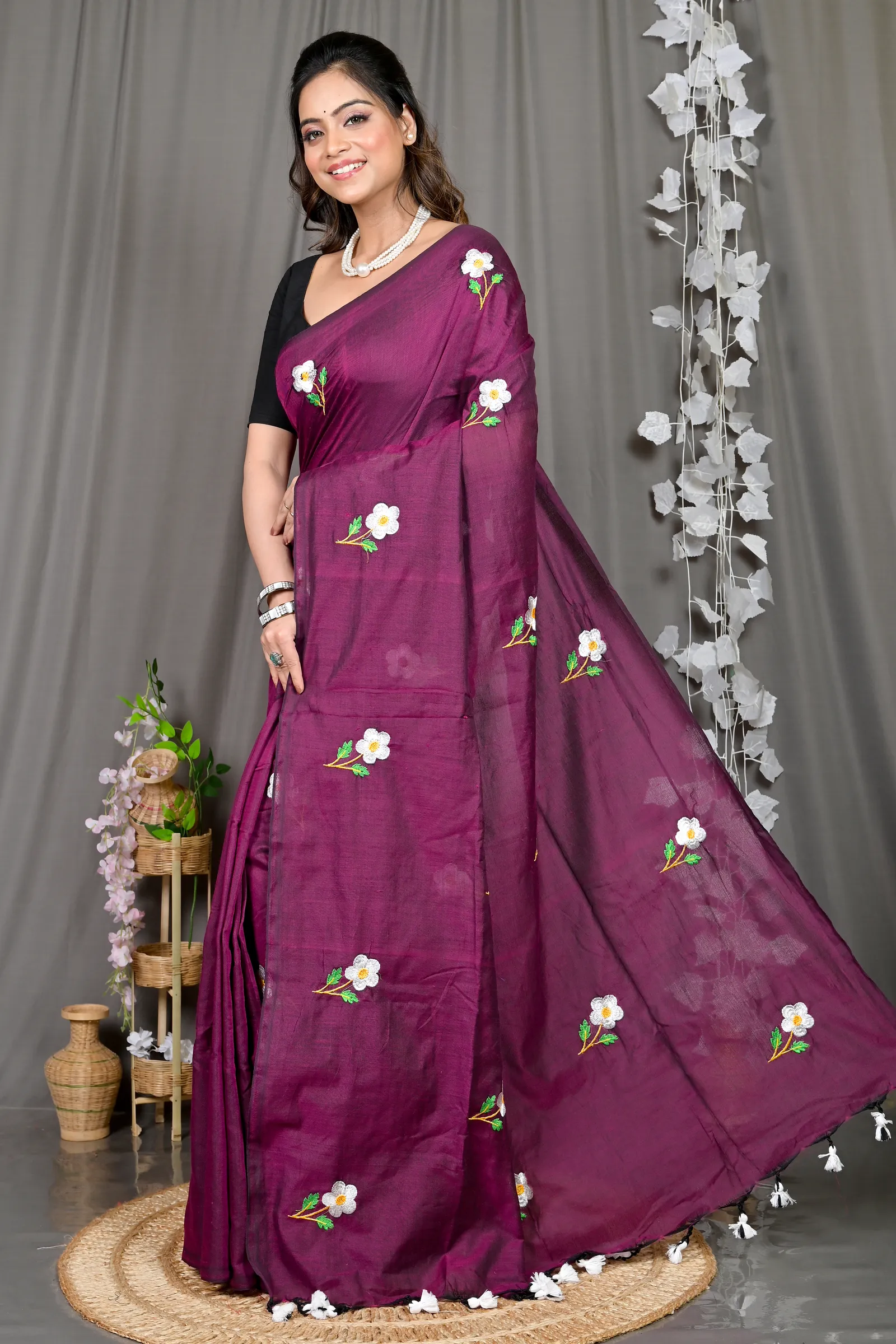 DipDiya Pure Cotton Violet Paray Artisan Woven Embroidery Handloom sarees