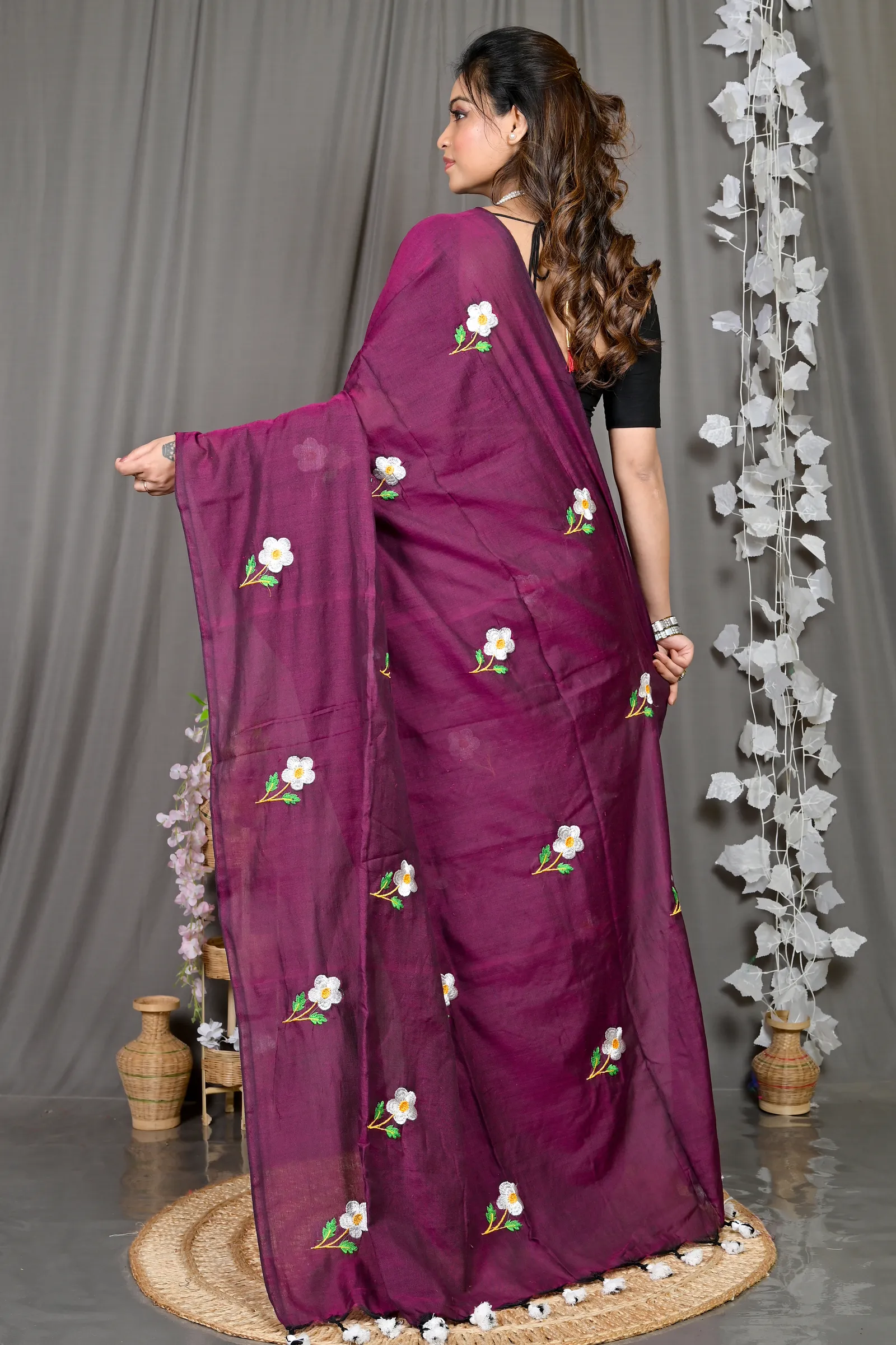 DipDiya Pure Cotton Violet Paray Artisan Woven Embroidery Handloom sarees