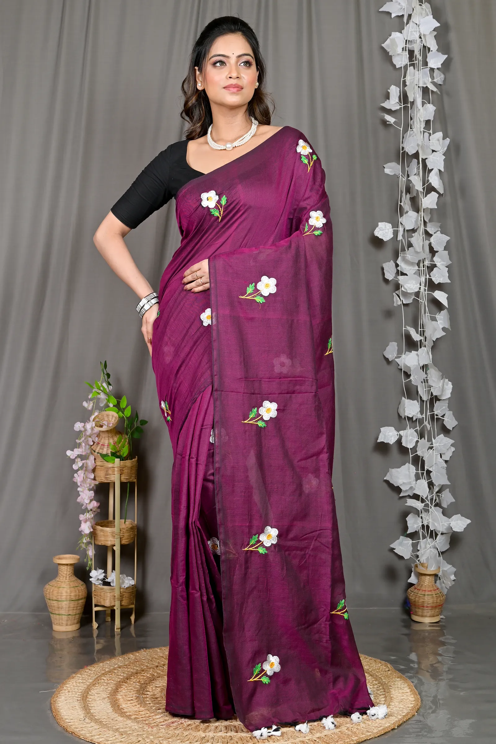 DipDiya Pure Cotton Violet Paray Artisan Woven Embroidery Handloom sarees