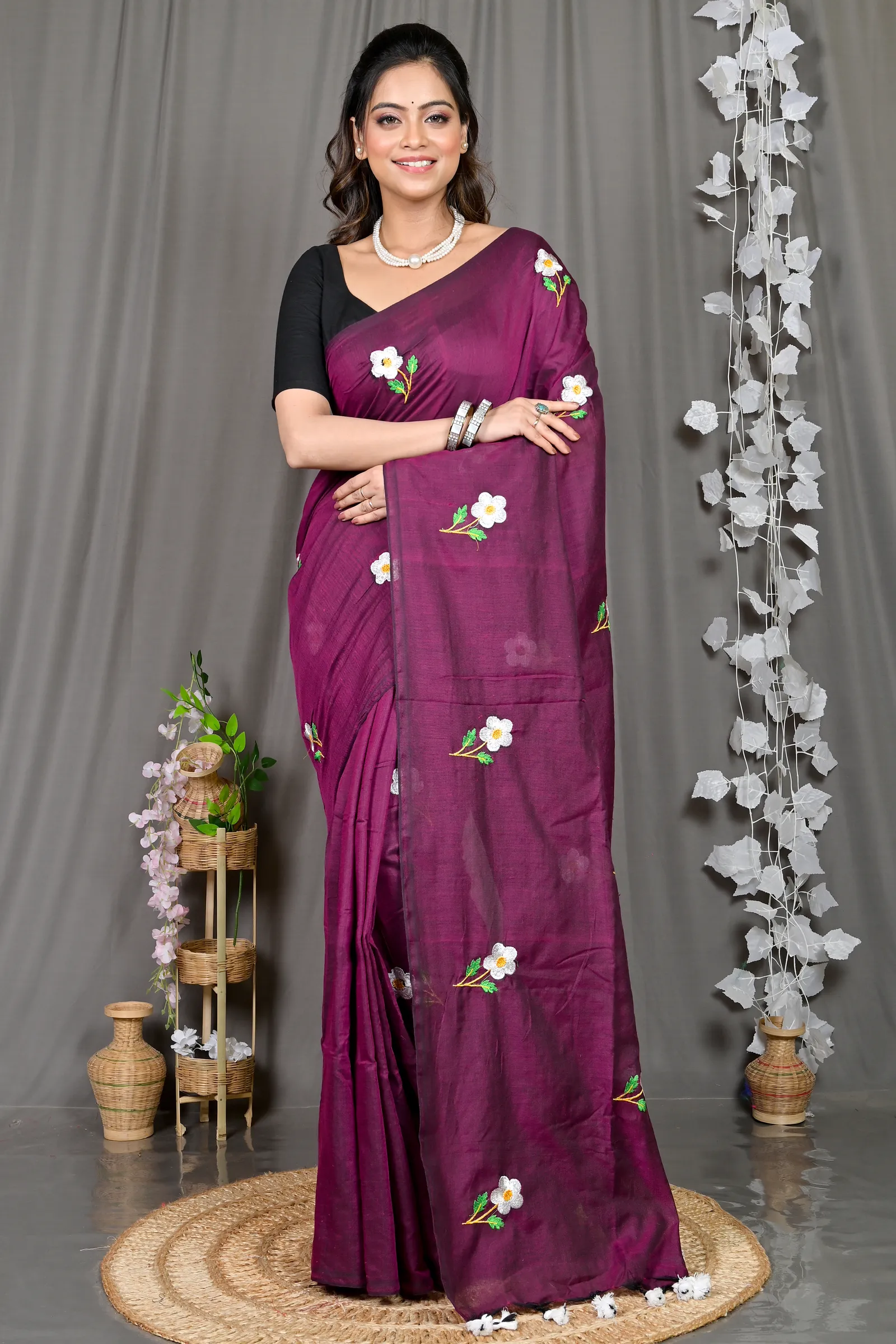 DipDiya Pure Cotton Violet Paray Artisan Woven Embroidery Handloom sarees