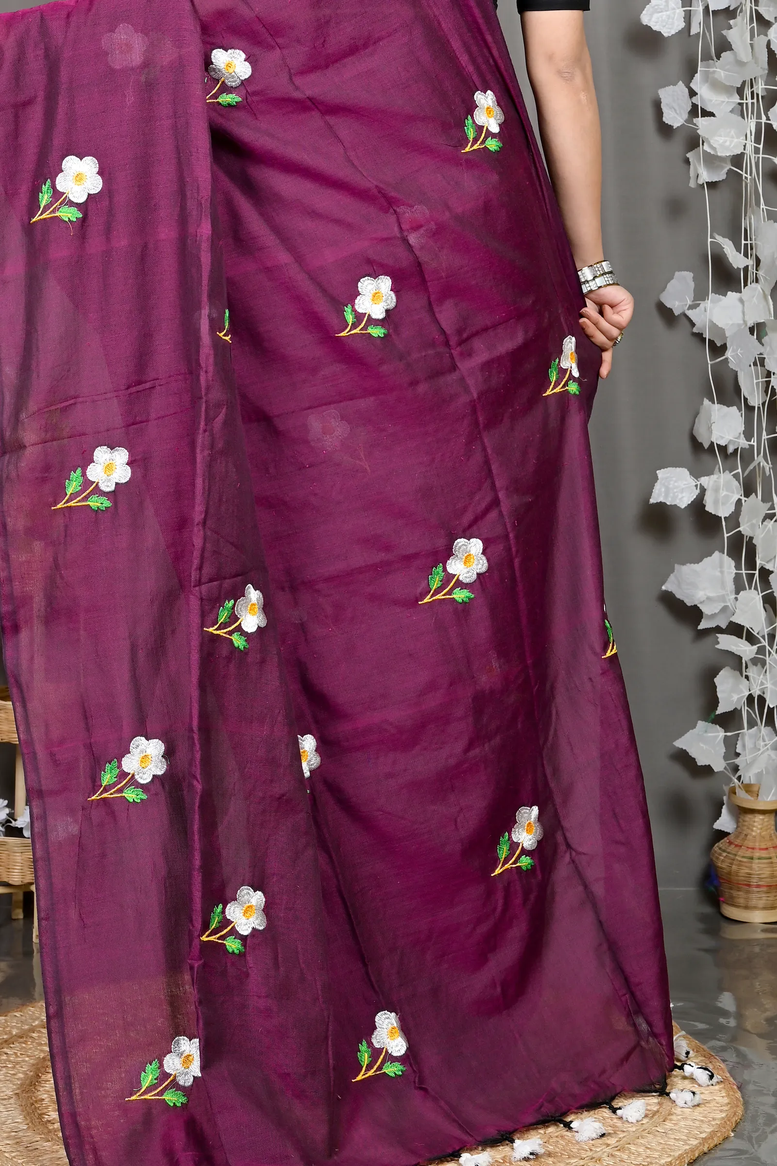DipDiya Pure Cotton Violet Paray Artisan Woven Embroidery Handloom sarees