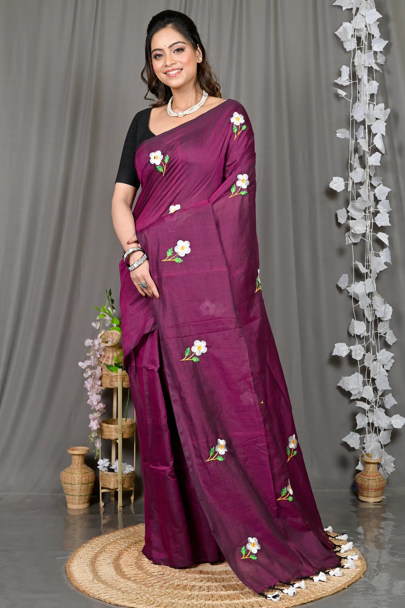 DipDiya Pure Cotton Violet Paray Artisan Woven Embroidery Handloom sarees