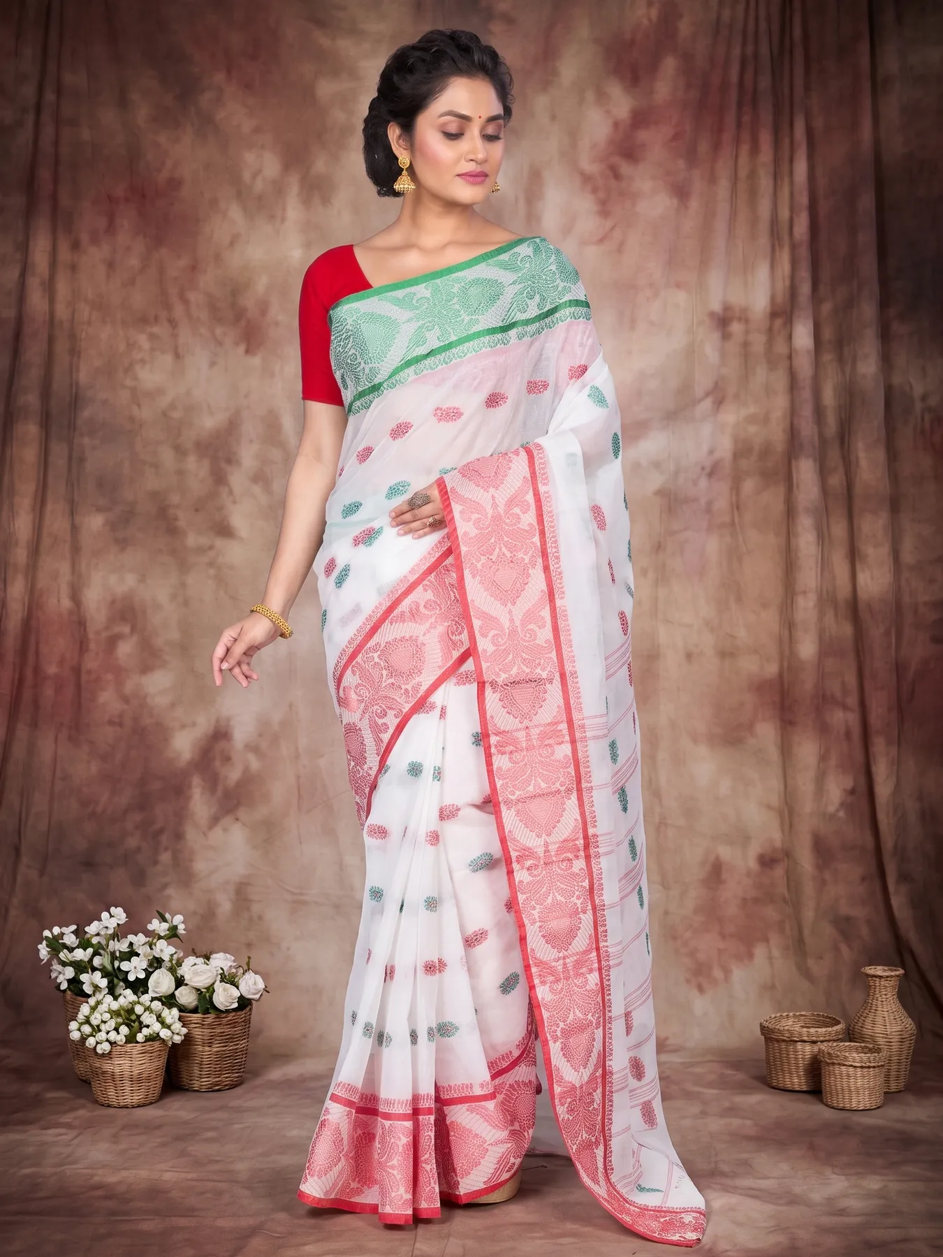 DipDiya Pure Cotton White Akriti Rooted in Bengal Tant Sarees