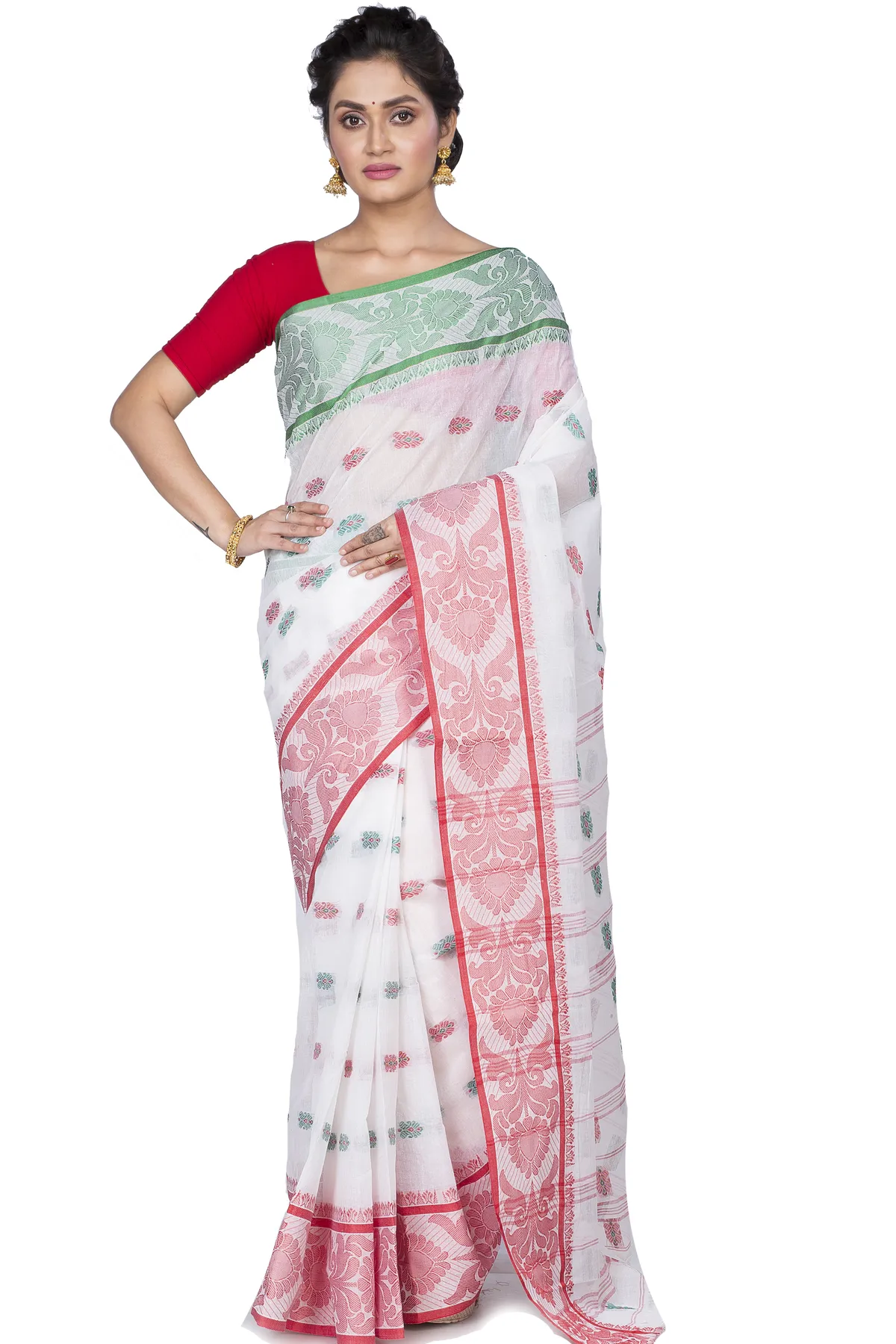 DipDiya Pure Cotton White Akriti Rooted in Bengal Tant Sarees