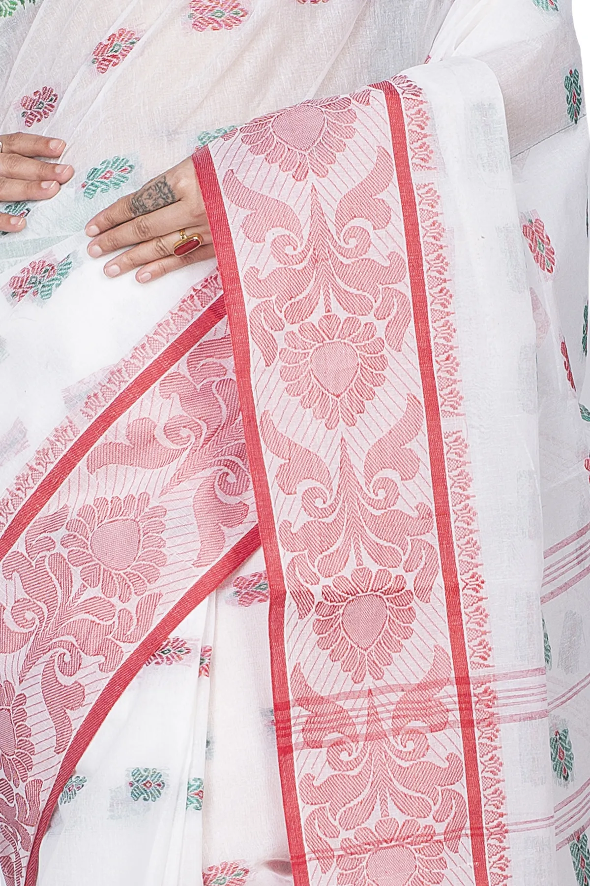 DipDiya Pure Cotton White Akriti Rooted in Bengal Tant Sarees