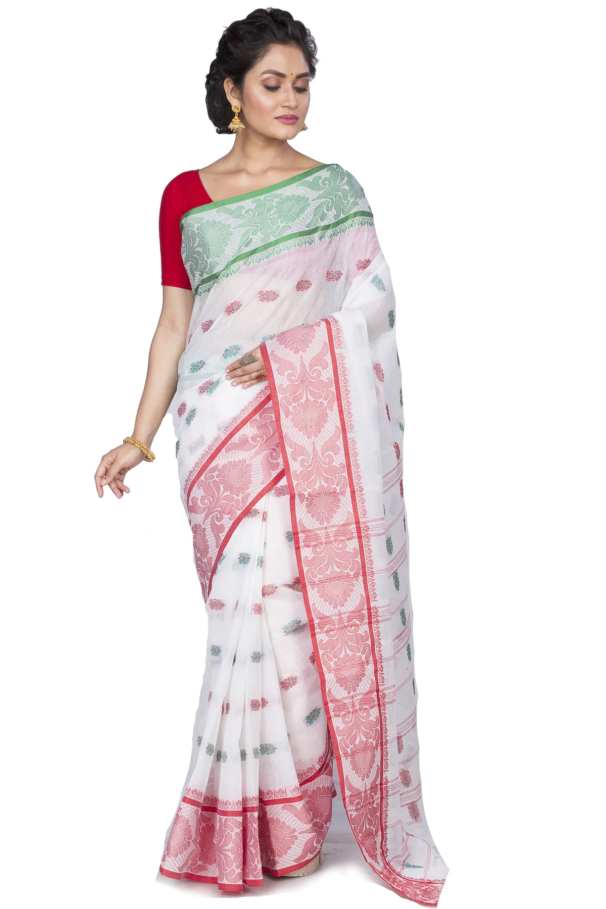 DipDiya Pure Cotton White Akriti Rooted in Bengal Tant Sarees