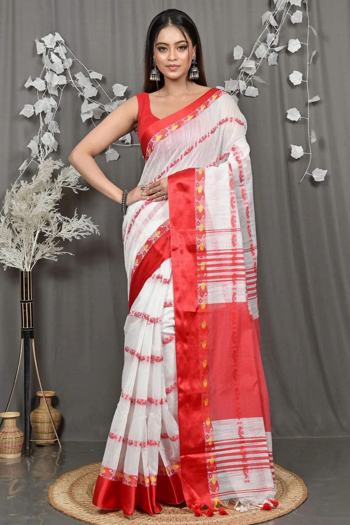 DipDiya Pure Cotton White and Red Borma Heritage of Bengali Handloom Sarees