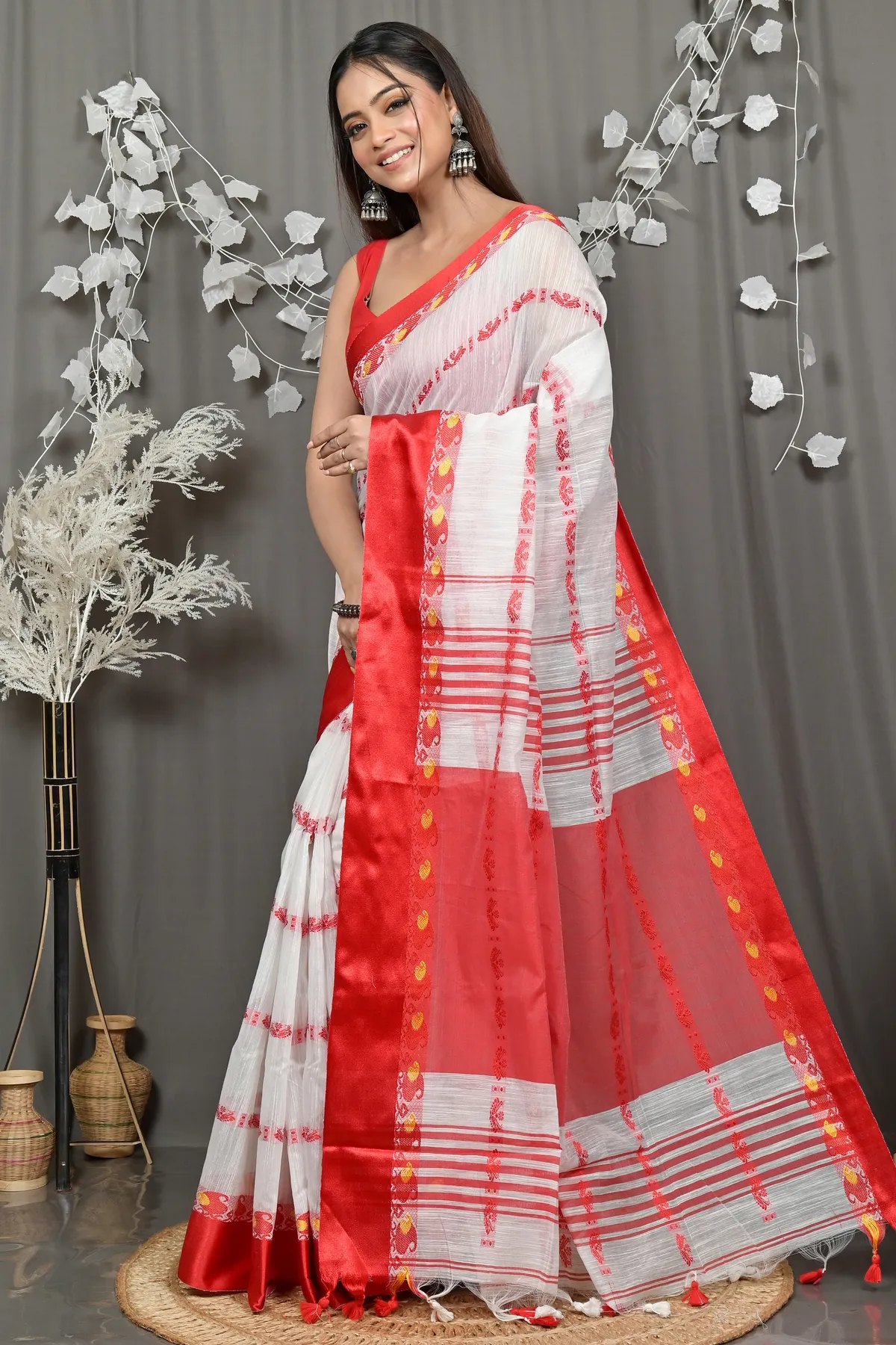 DipDiya Pure Cotton White and Red Borma Heritage of Bengali Handloom Sarees