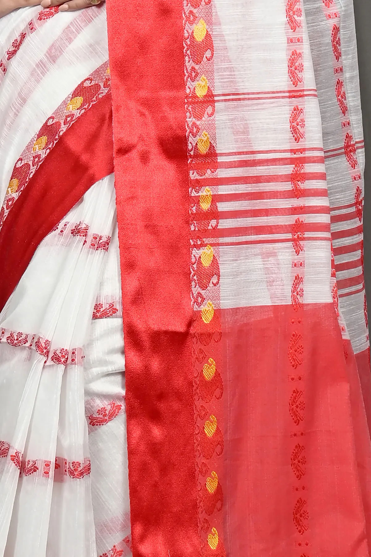 DipDiya Pure Cotton White and Red Borma Heritage of Bengali Handloom Sarees