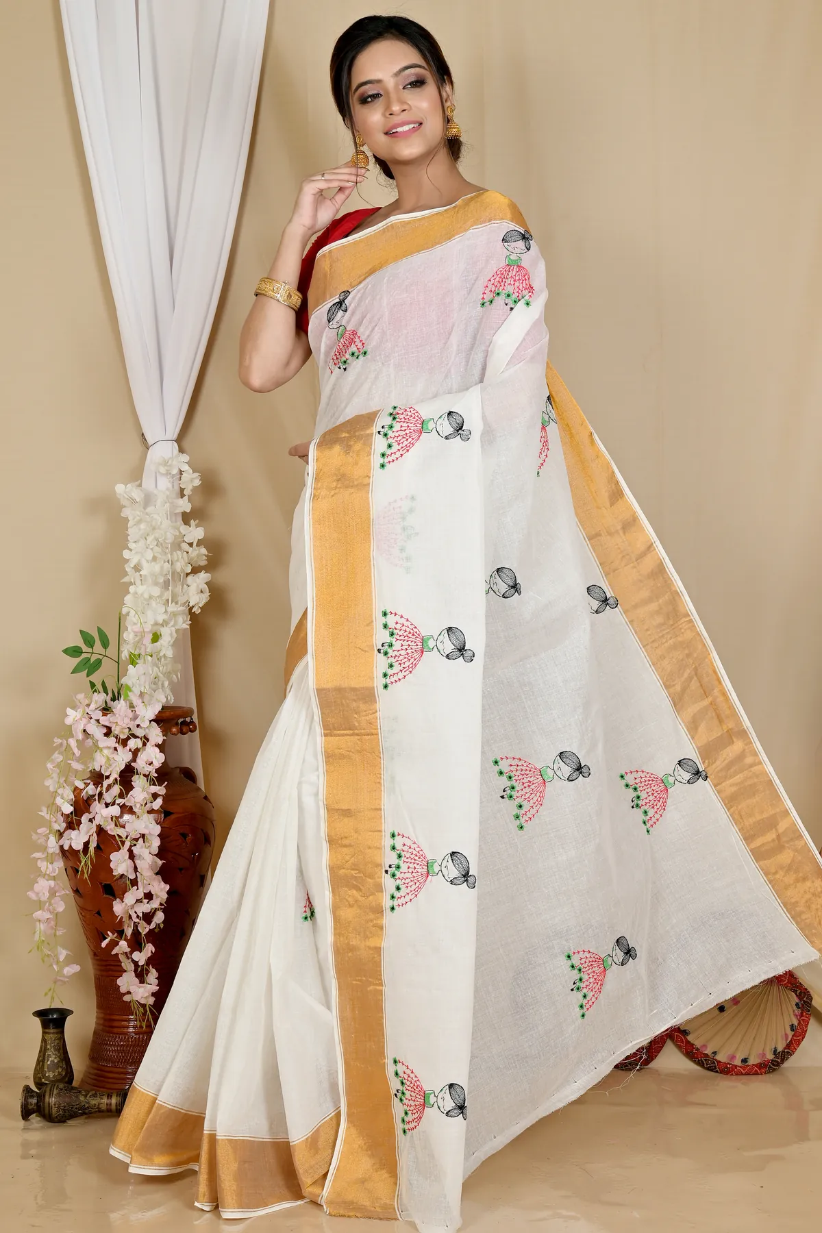 DipDiya Pure Cotton White Askiti Crafted by Artisans Embroidery Tant Sarees