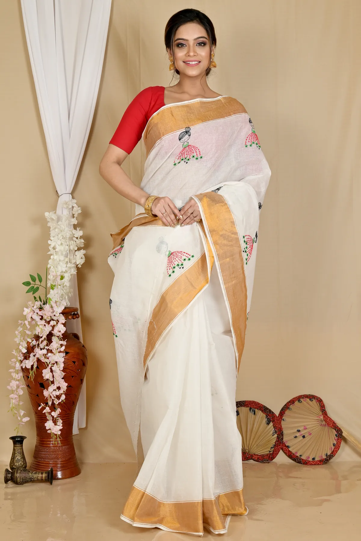 DipDiya Pure Cotton White Askiti Crafted by Artisans Embroidery Tant Sarees
