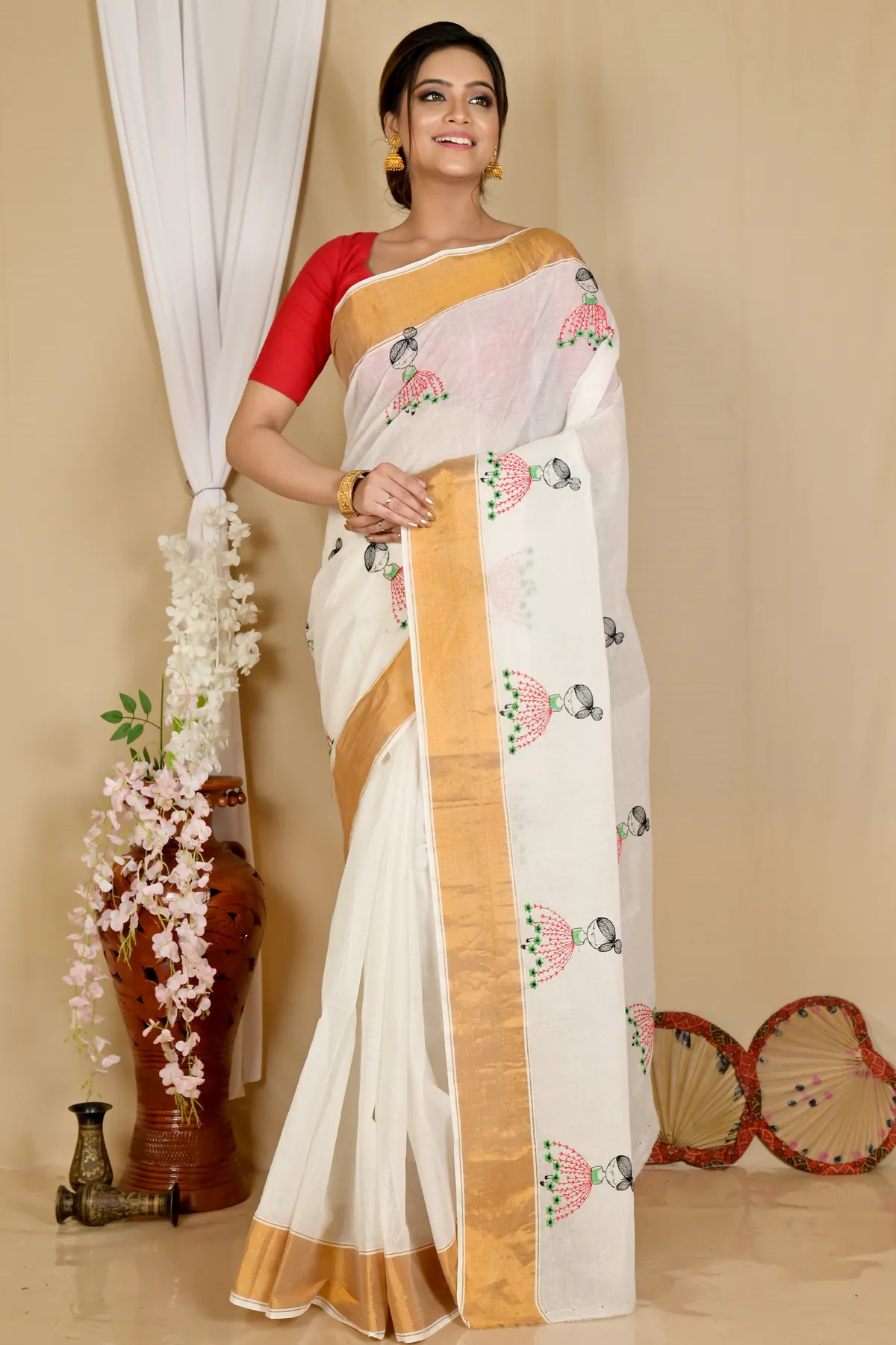 DipDiya Pure Cotton White Askiti Crafted by Artisans Embroidery Tant Sarees