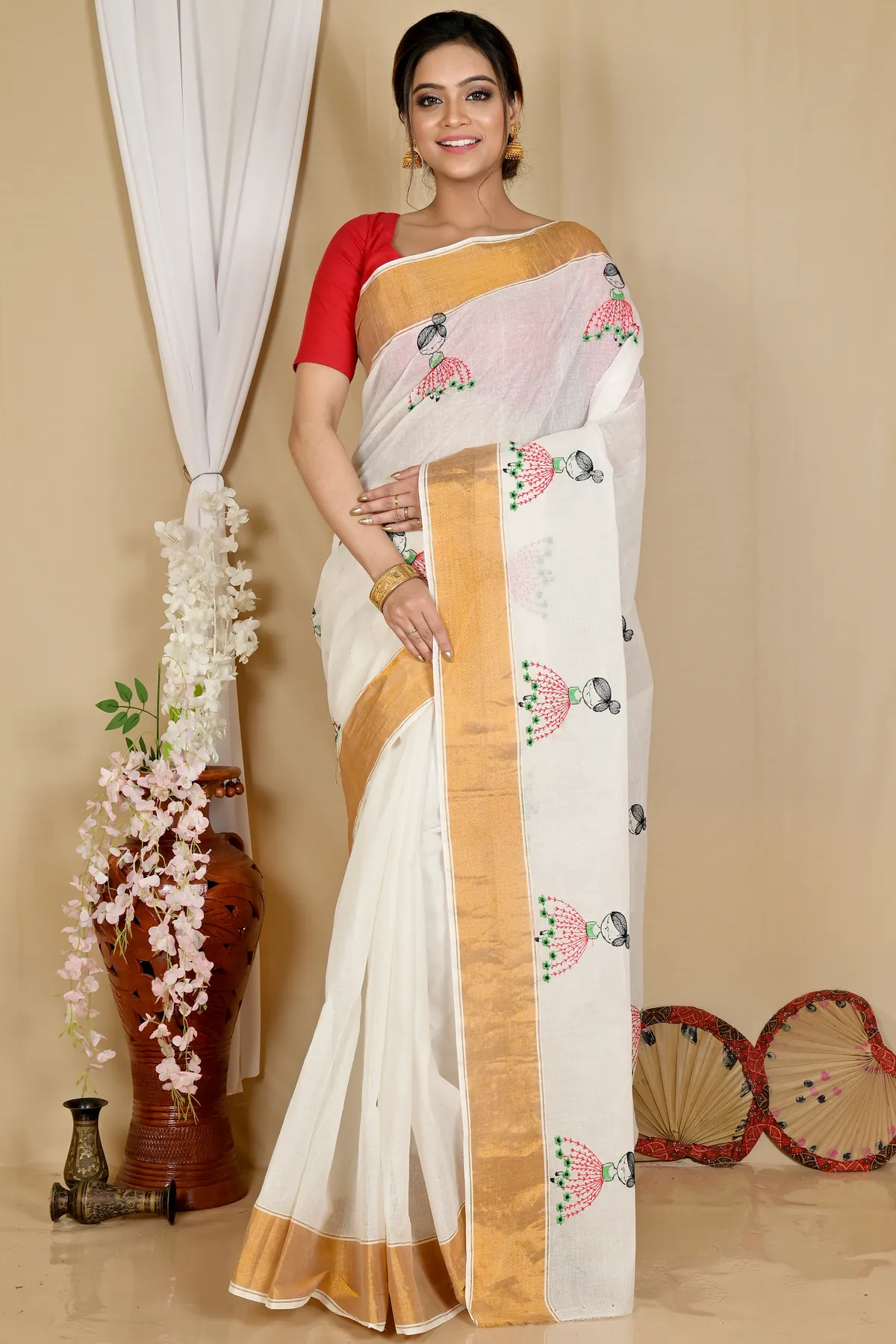 DipDiya Pure Cotton White Askiti Crafted by Artisans Embroidery Tant Sarees