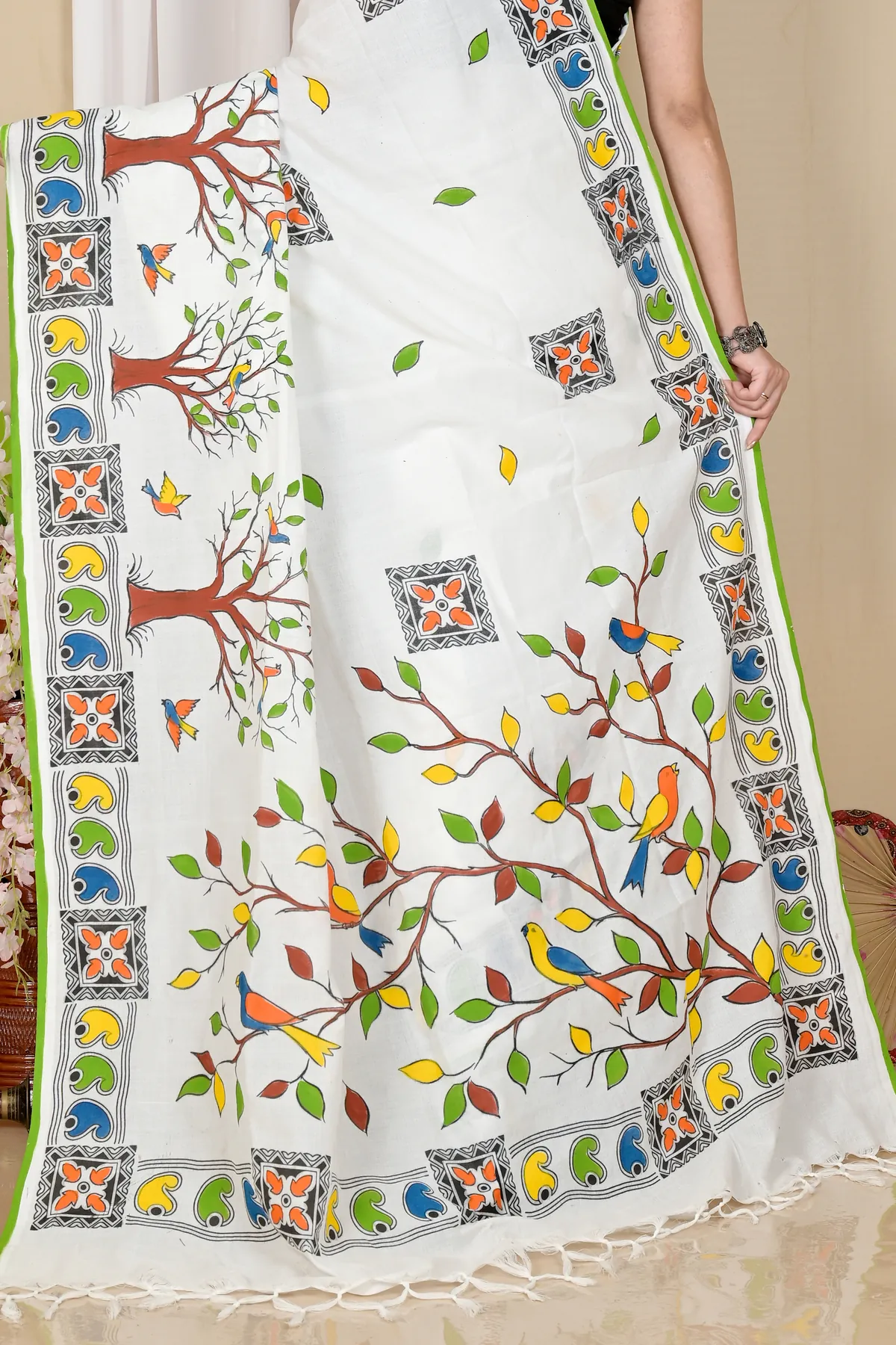 DipDiya Pure Cotton White Asu Rooted in Bengal Handloom Sarees