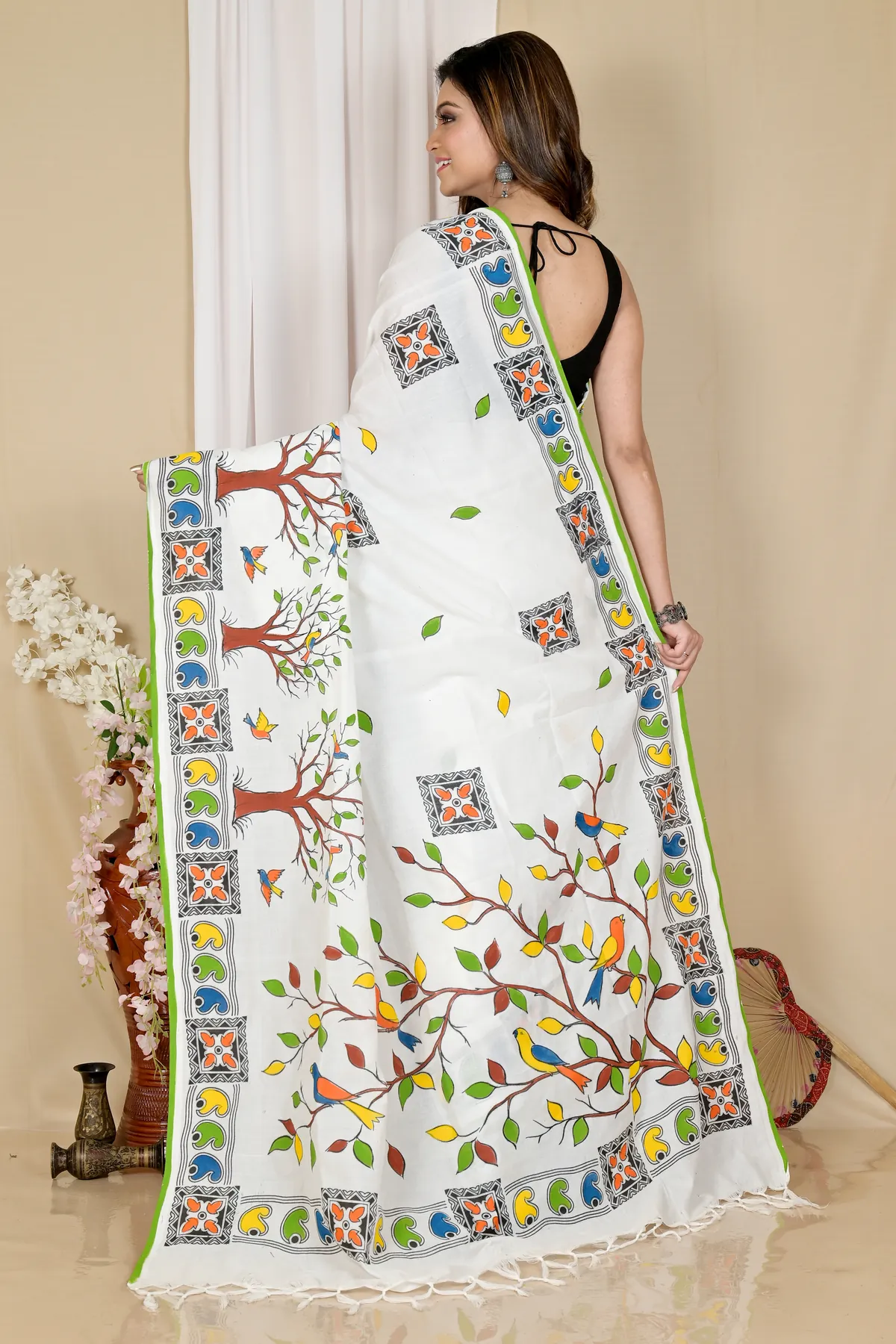 DipDiya Pure Cotton White Asu Rooted in Bengal Handloom Sarees