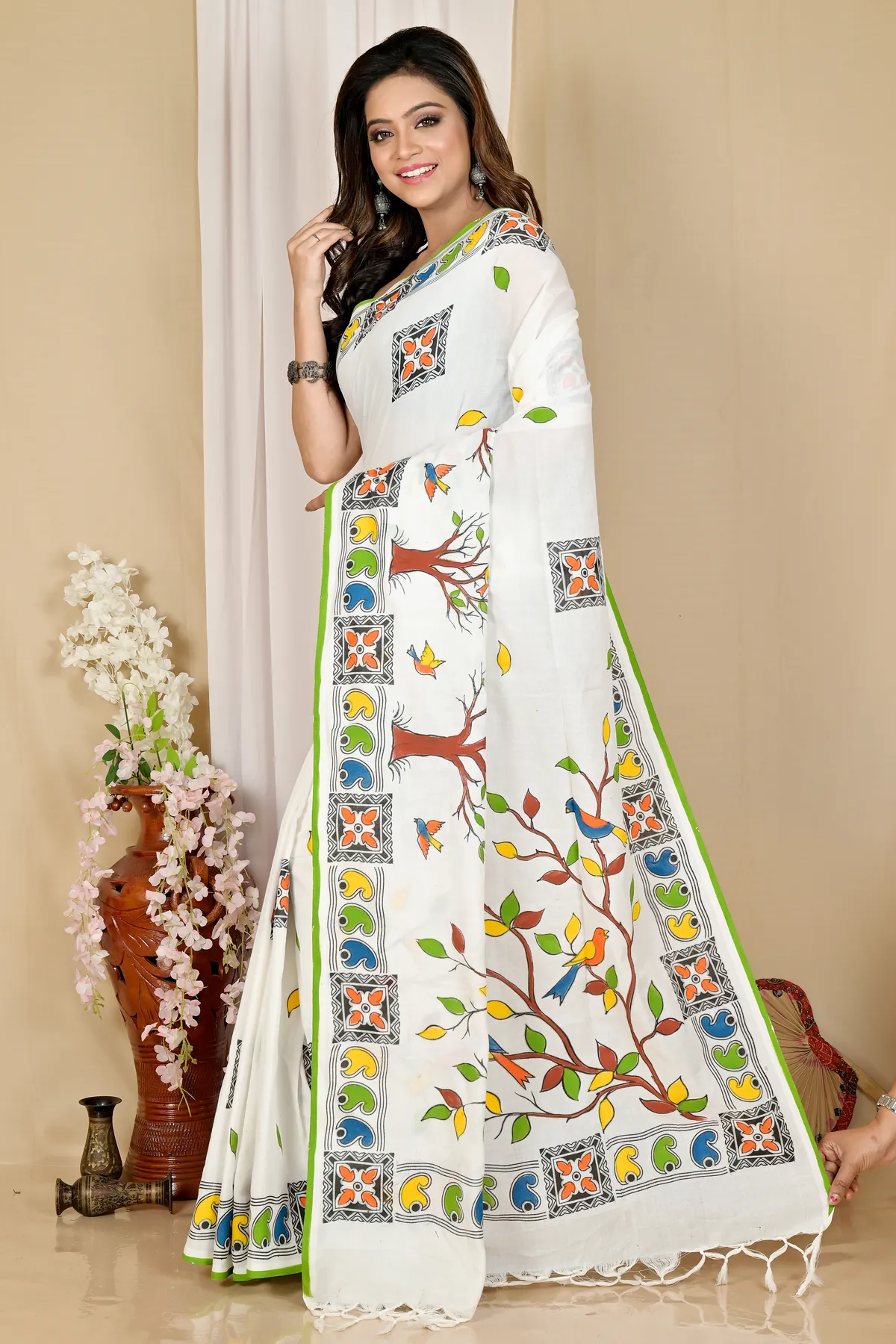 DipDiya Pure Cotton White Asu Rooted in Bengal Handloom Sarees
