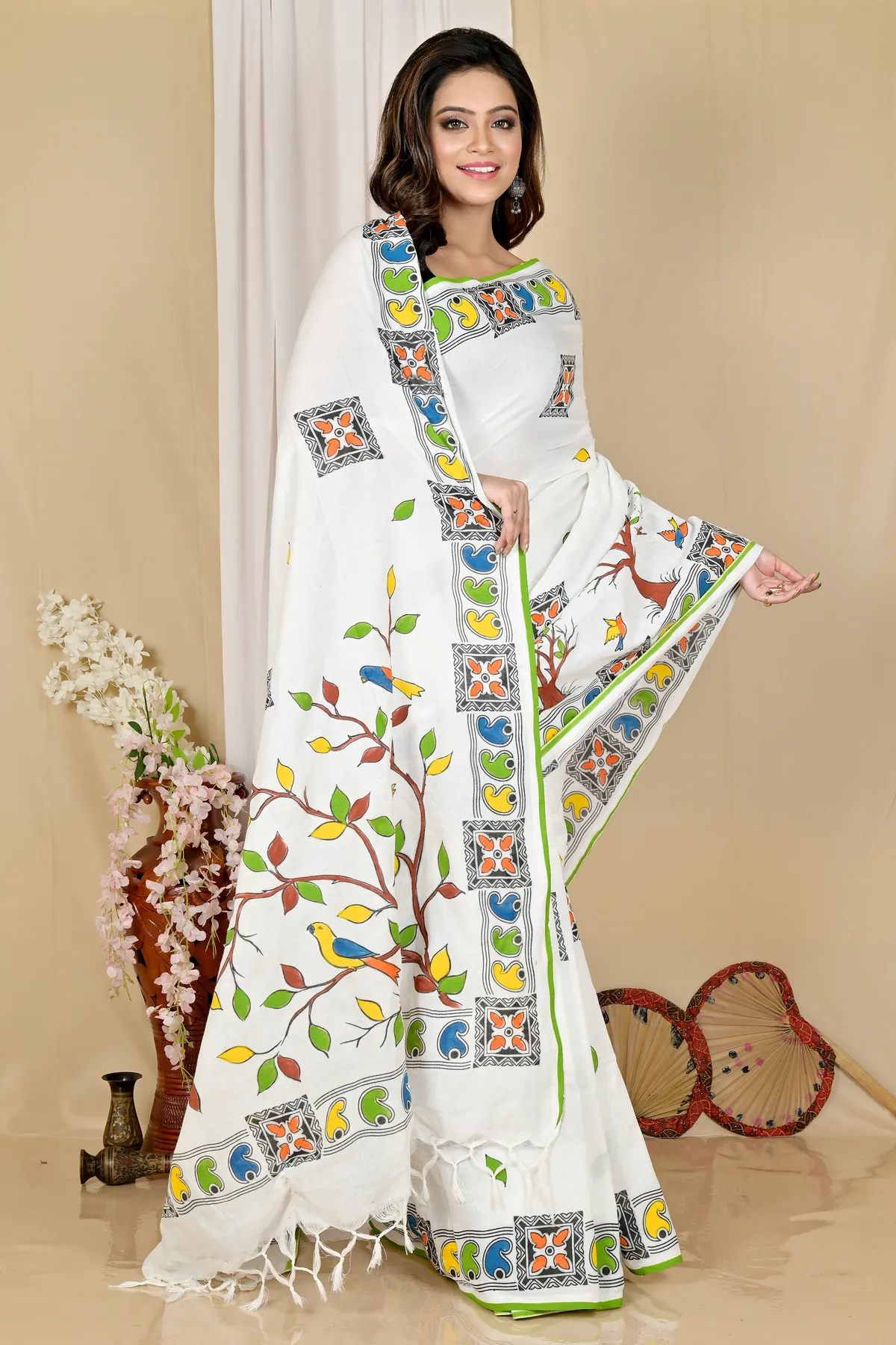DipDiya Pure Cotton White Asu Rooted in Bengal Handloom Sarees