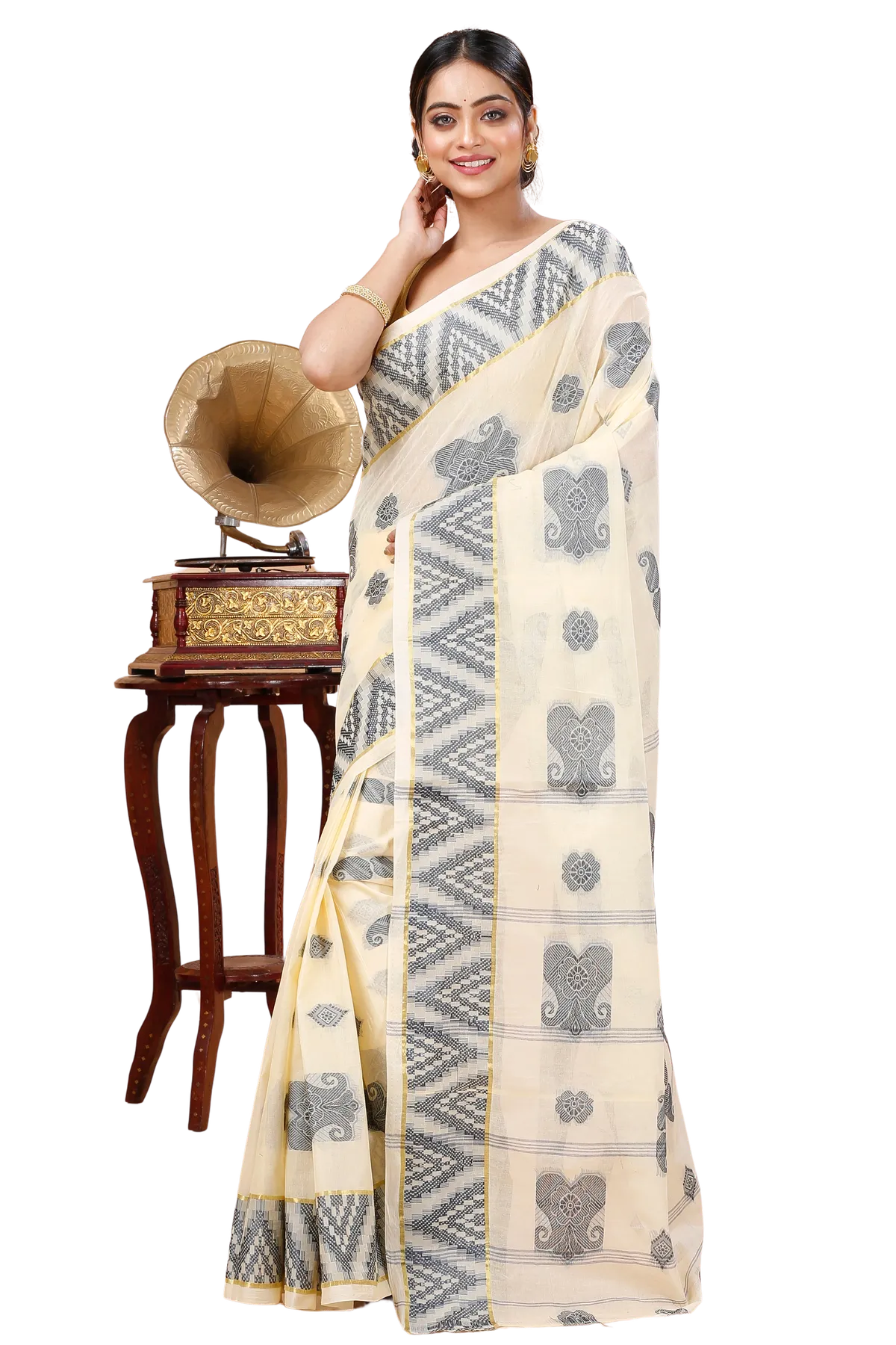 DipDiya Pure Cotton White Black Gargi Essence of Bengal Tant Sarees