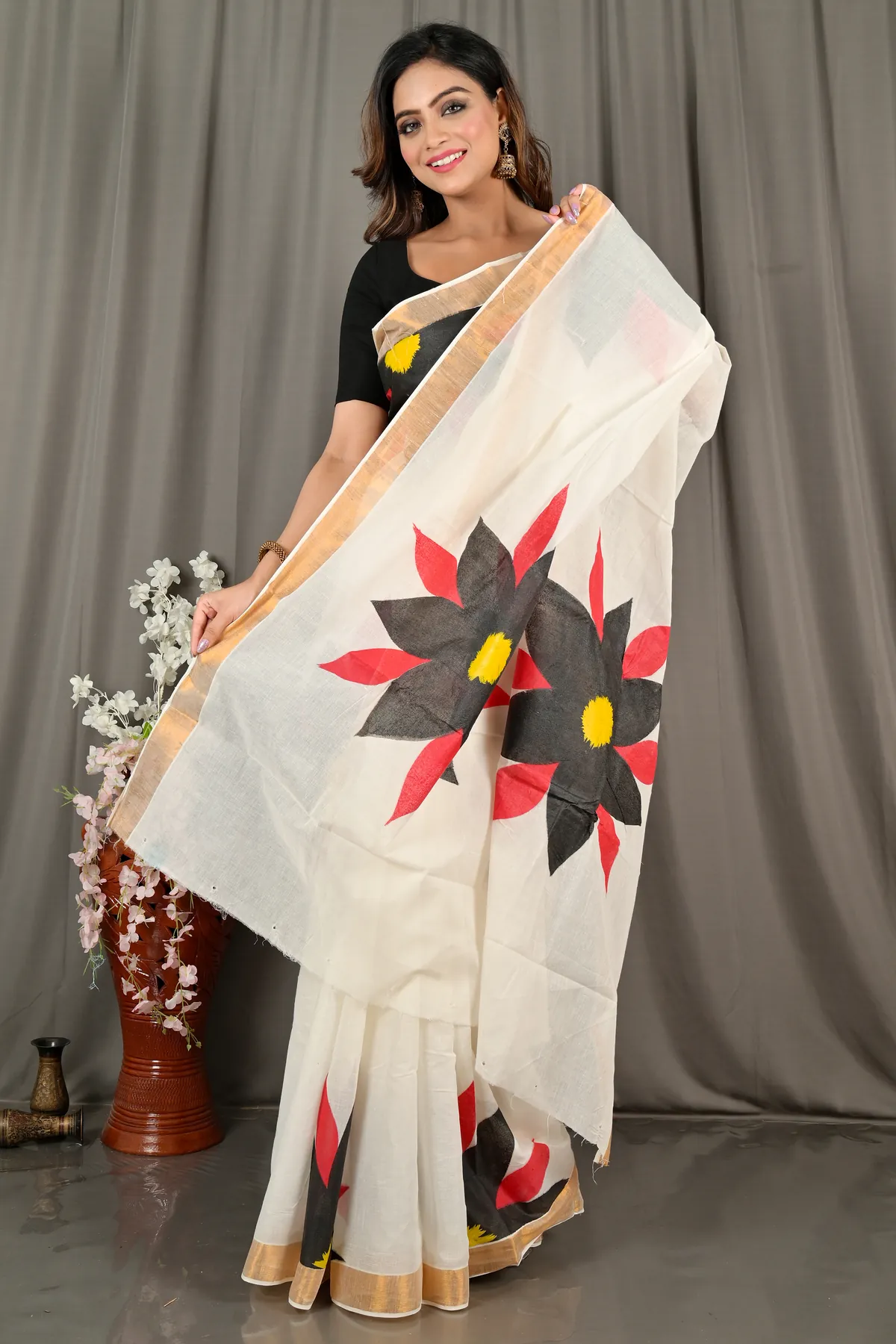 DipDiya Pure Cotton White Black Hataka Heritage Elegances Hand Painted Sarees
