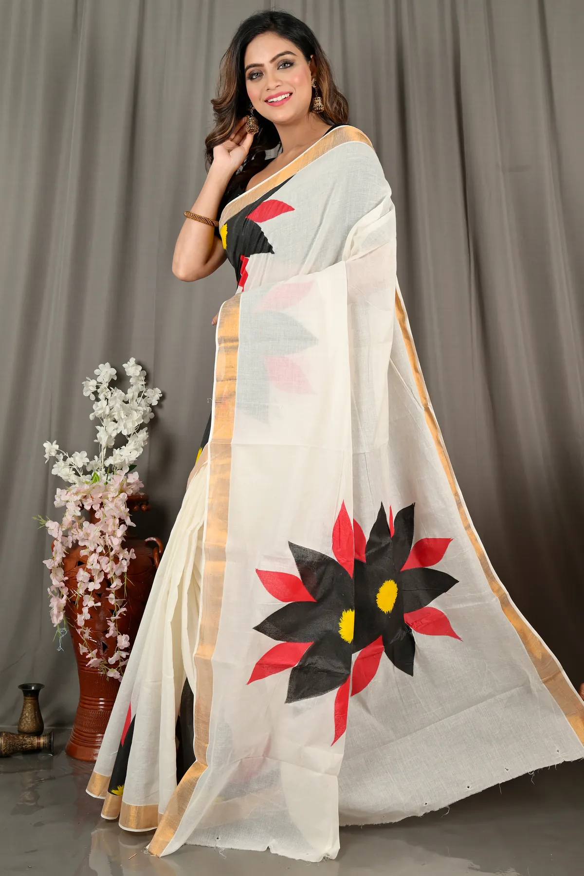 DipDiya Pure Cotton White Black Hataka Heritage Elegances Hand Painted Sarees