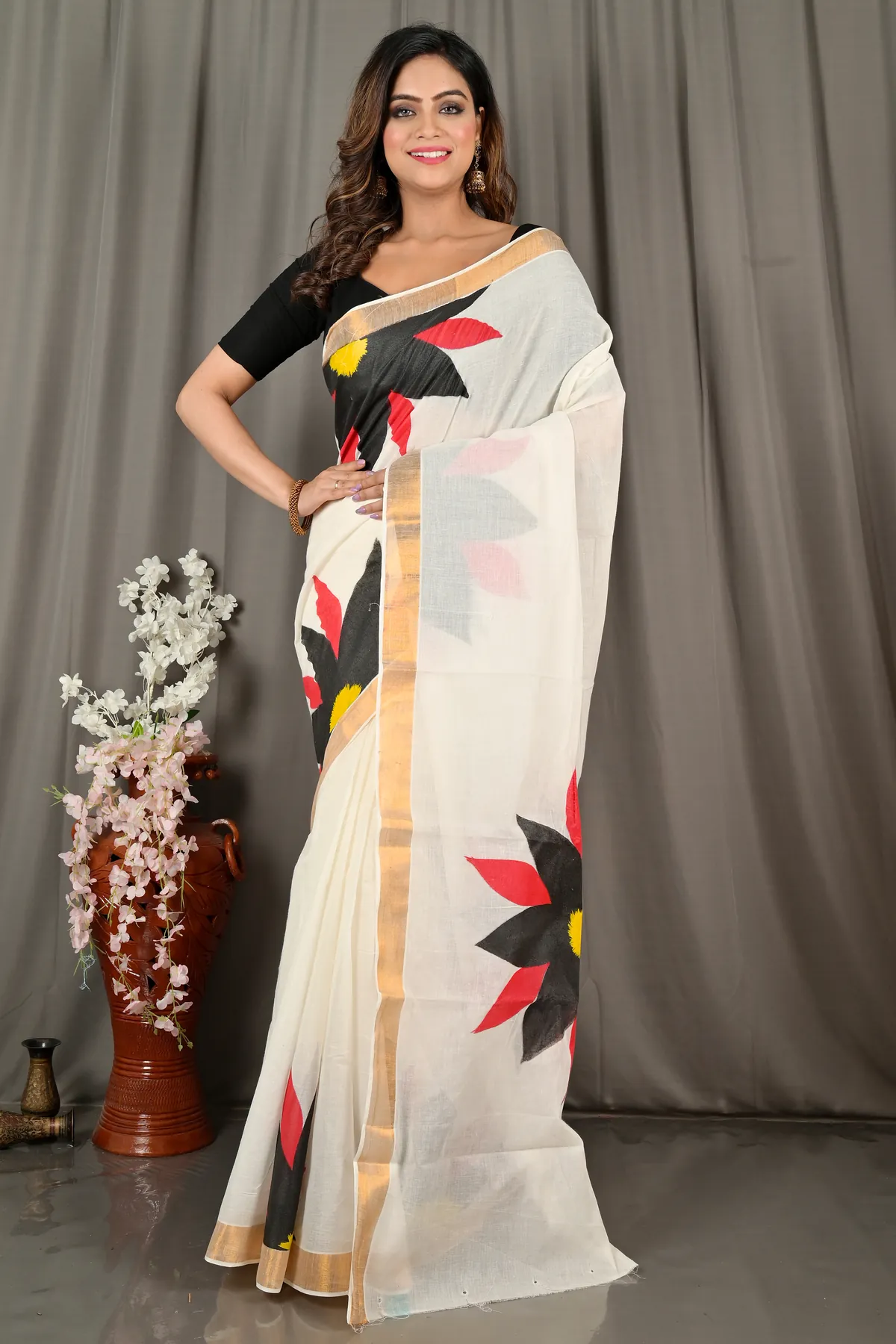 DipDiya Pure Cotton White Black Hataka Heritage Elegances Hand Painted Sarees