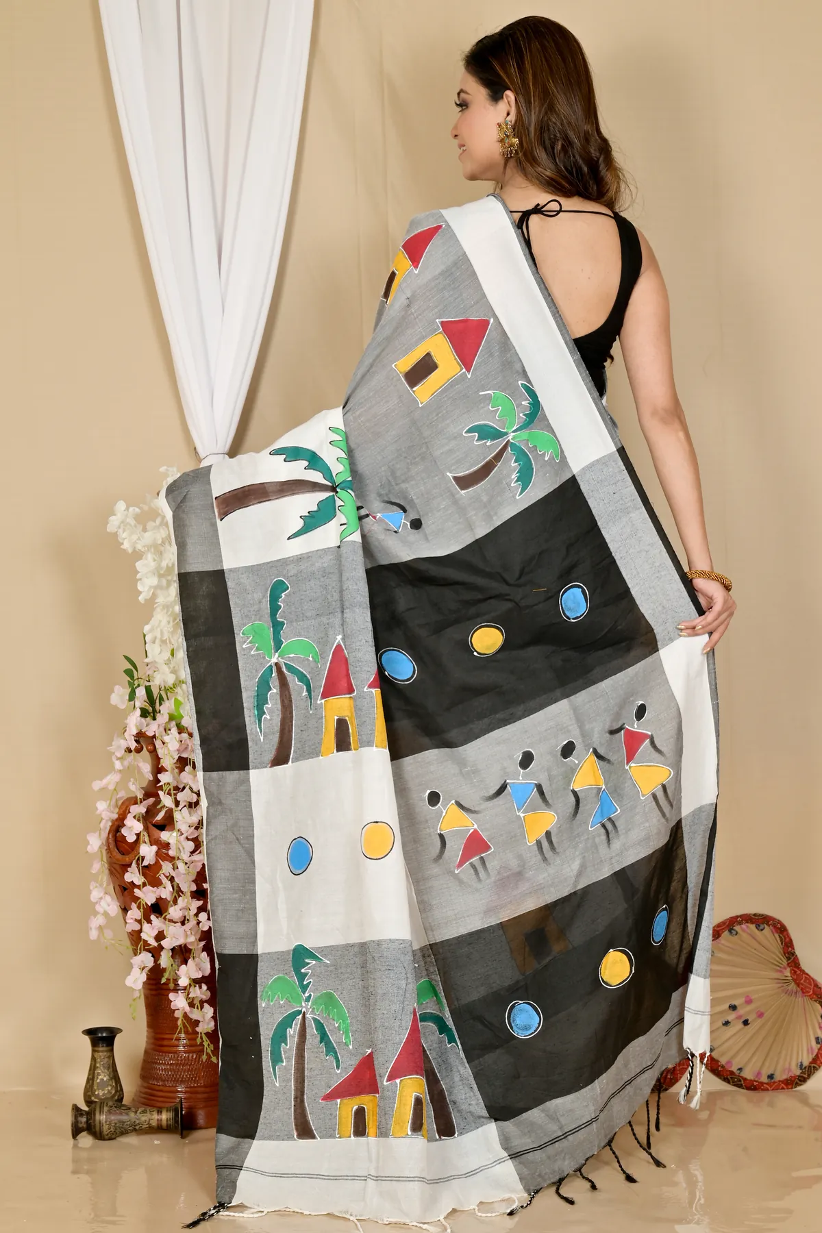 DipDiya Pure Cotton White Black Khadaka Kousiki Heritage Elegance Hand Painted Sarees