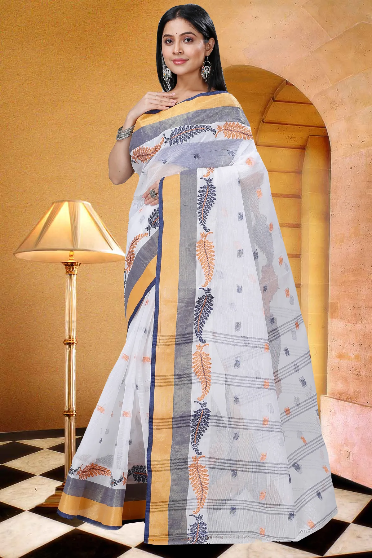 DipDiya Pure Cotton White Black Nera Woven by Hand Tant Sarees