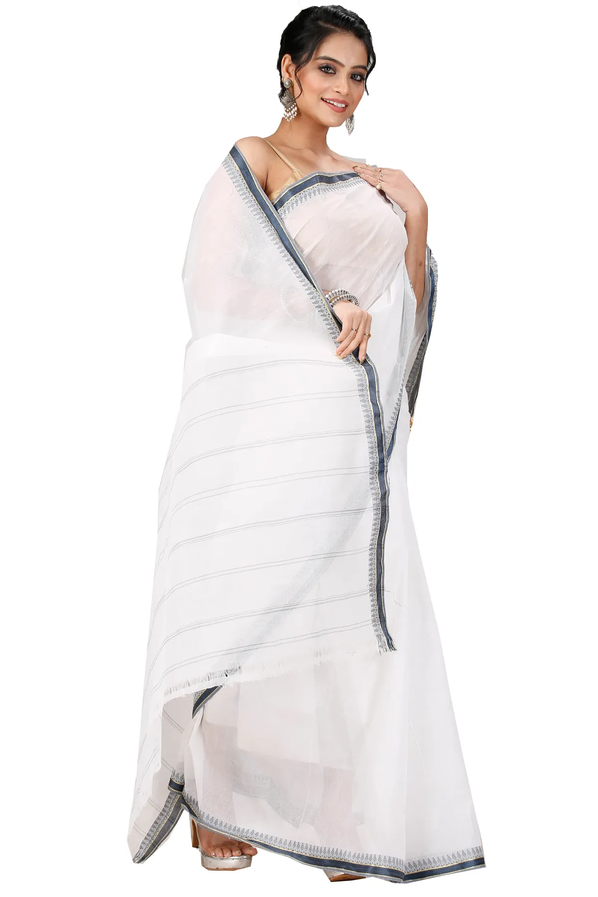 DipDiya Pure Cotton White Black Subra Woven with Love Tant Sarees