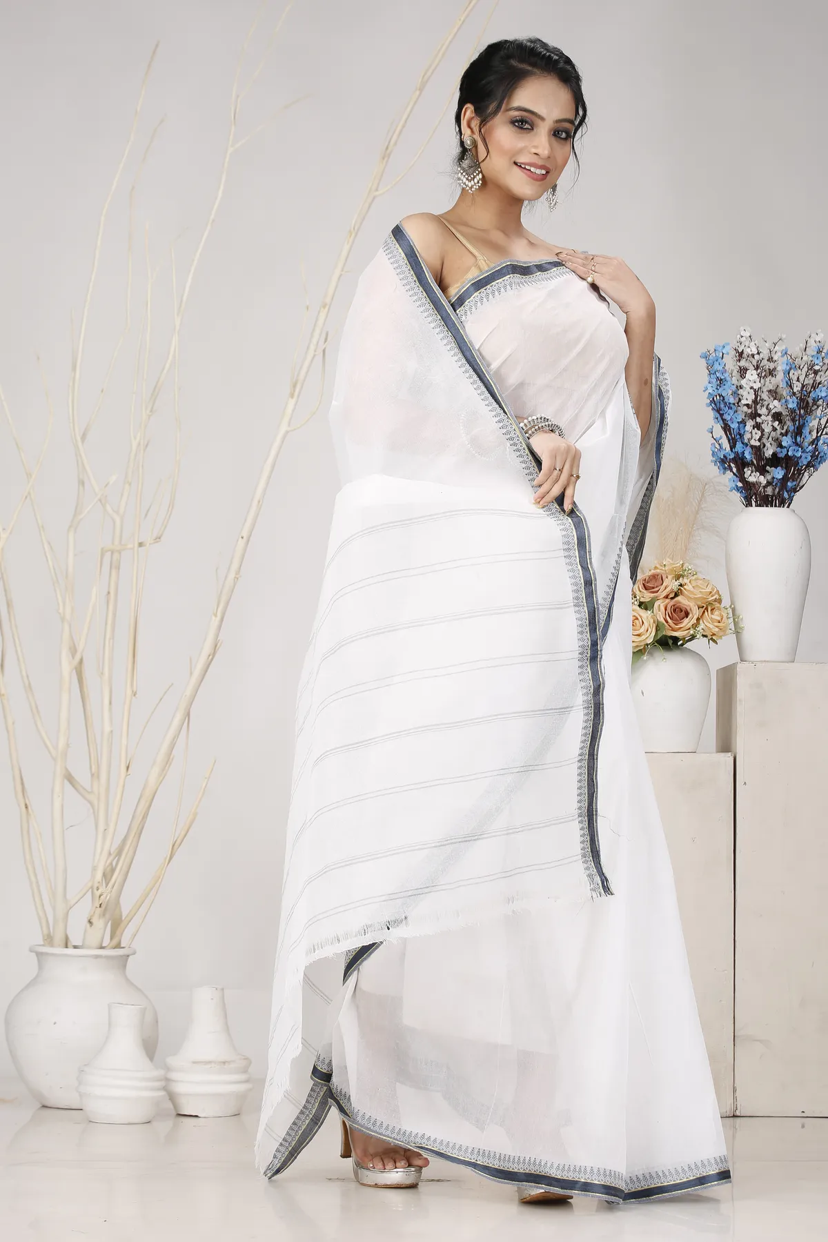 DipDiya Pure Cotton White Black Subra Woven with Love Tant Sarees