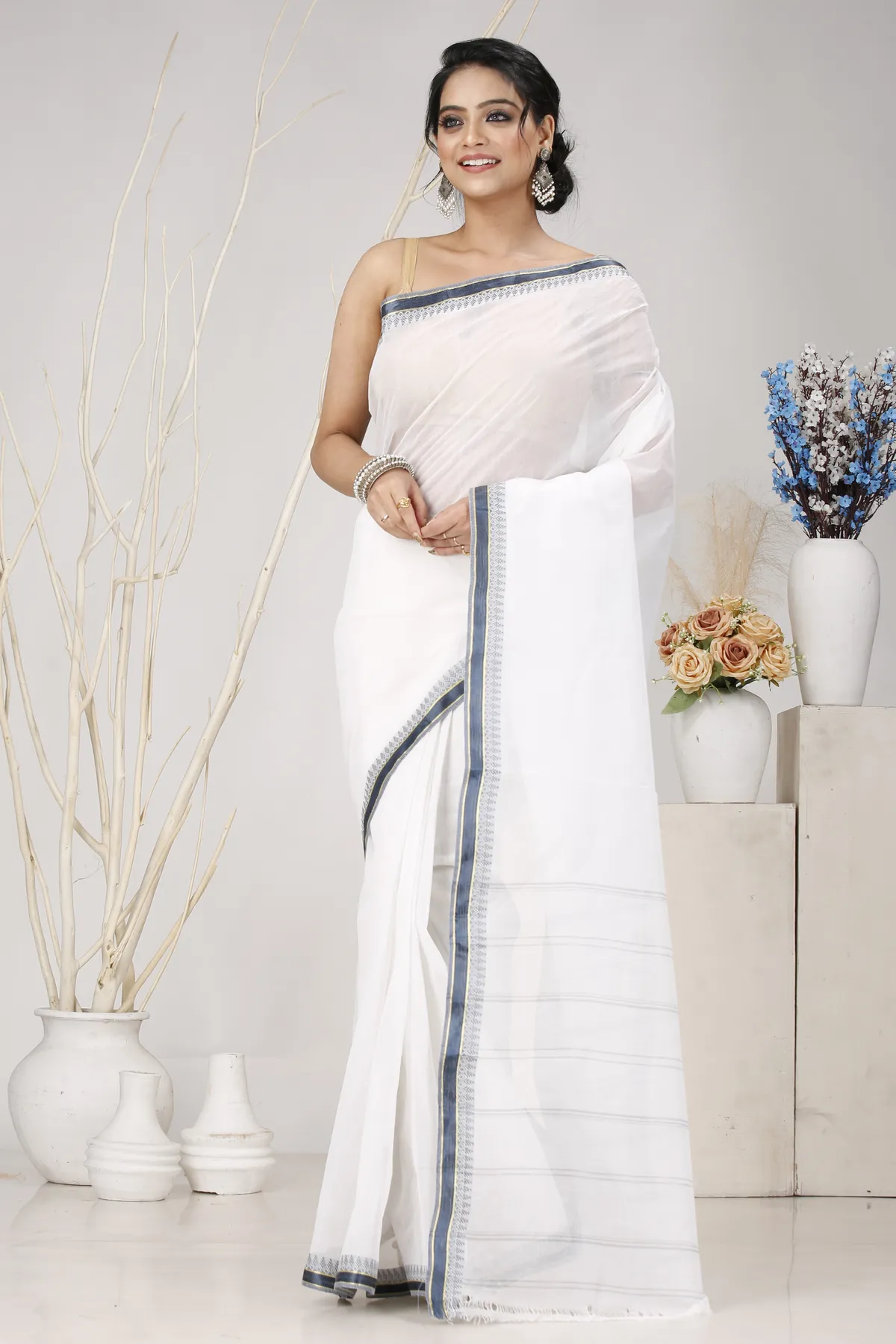 DipDiya Pure Cotton White Black Subra Woven with Love Tant Sarees