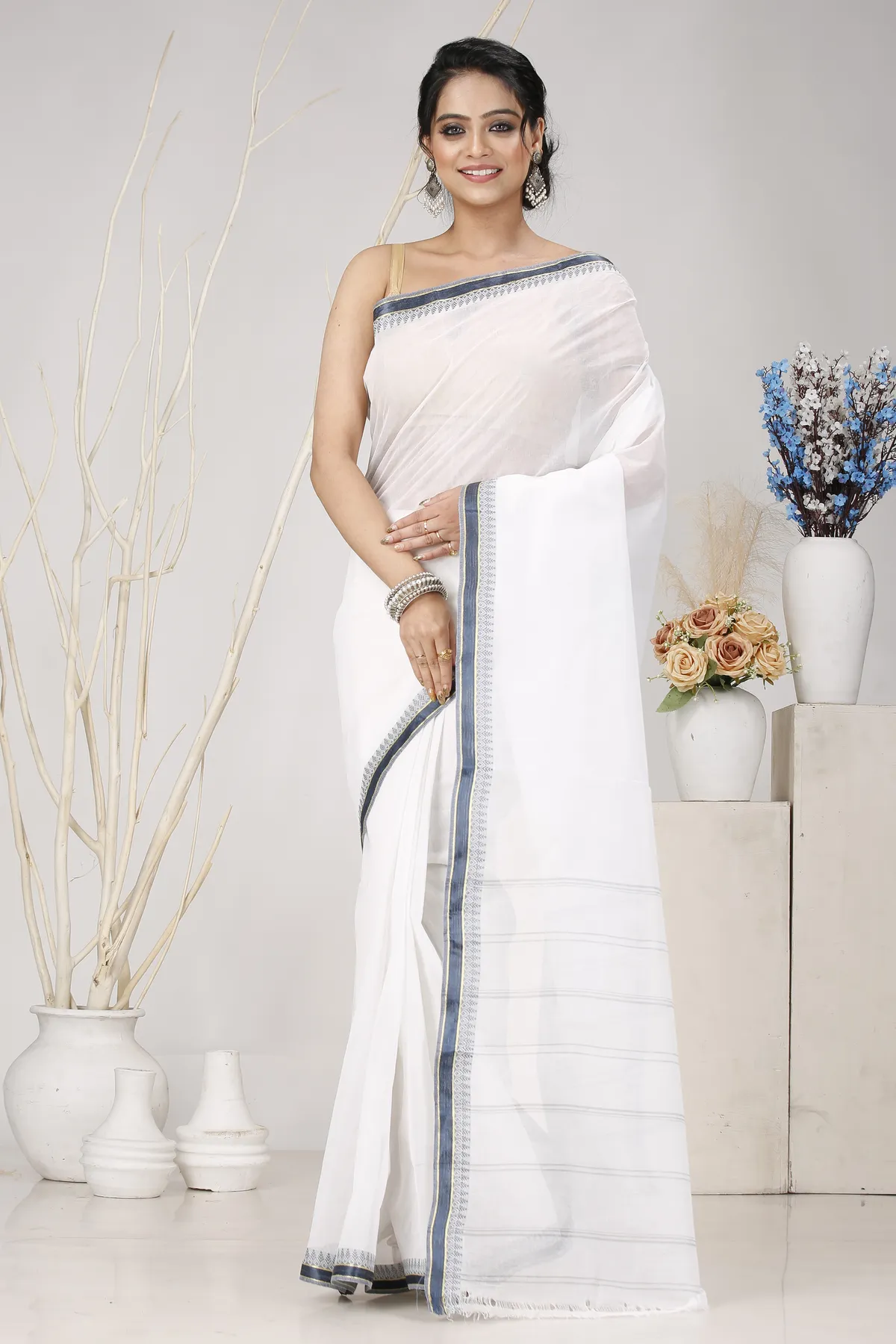 DipDiya Pure Cotton White Black Subra Woven with Love Tant Sarees