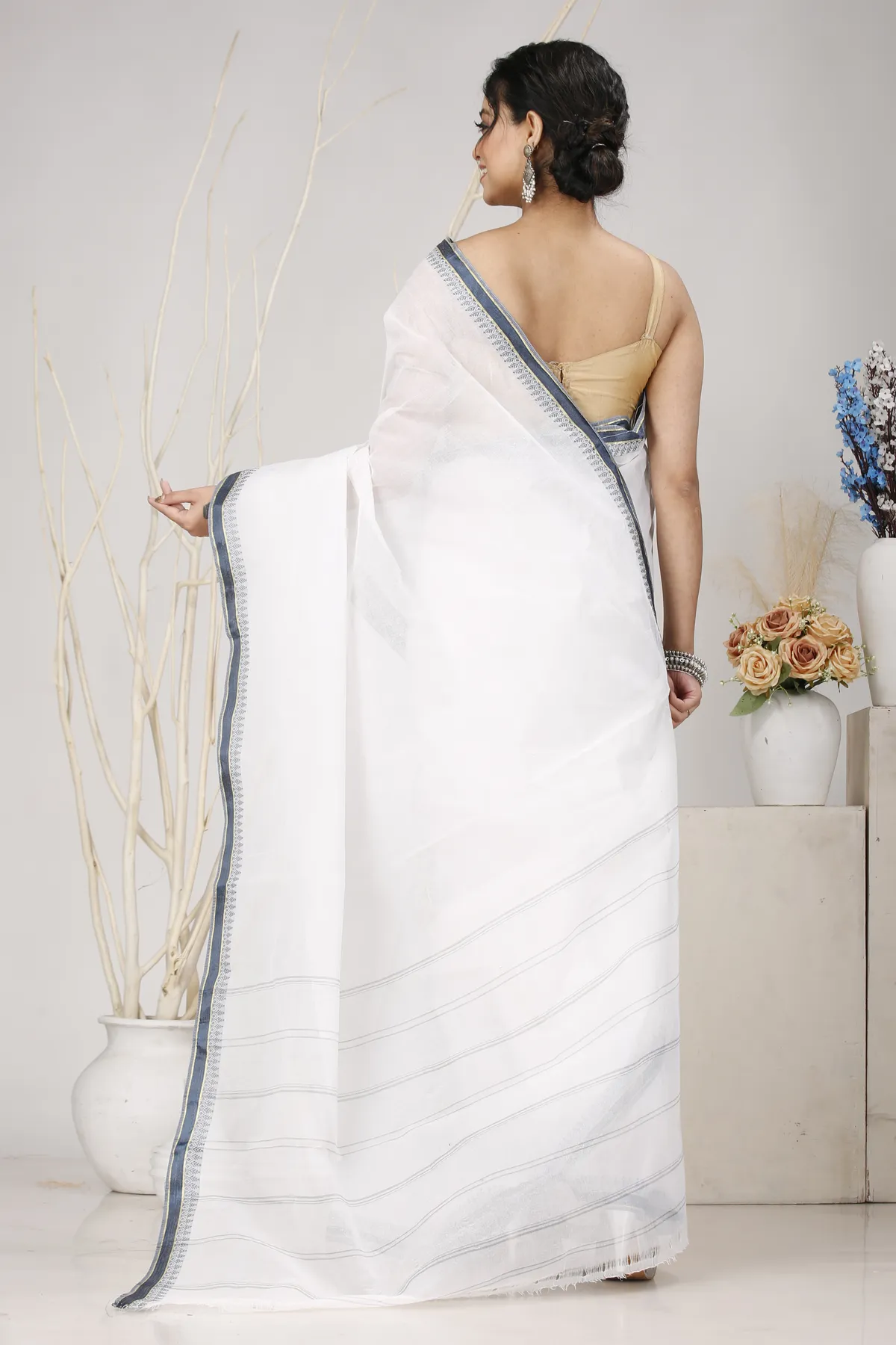 DipDiya Pure Cotton White Black Subra Woven with Love Tant Sarees