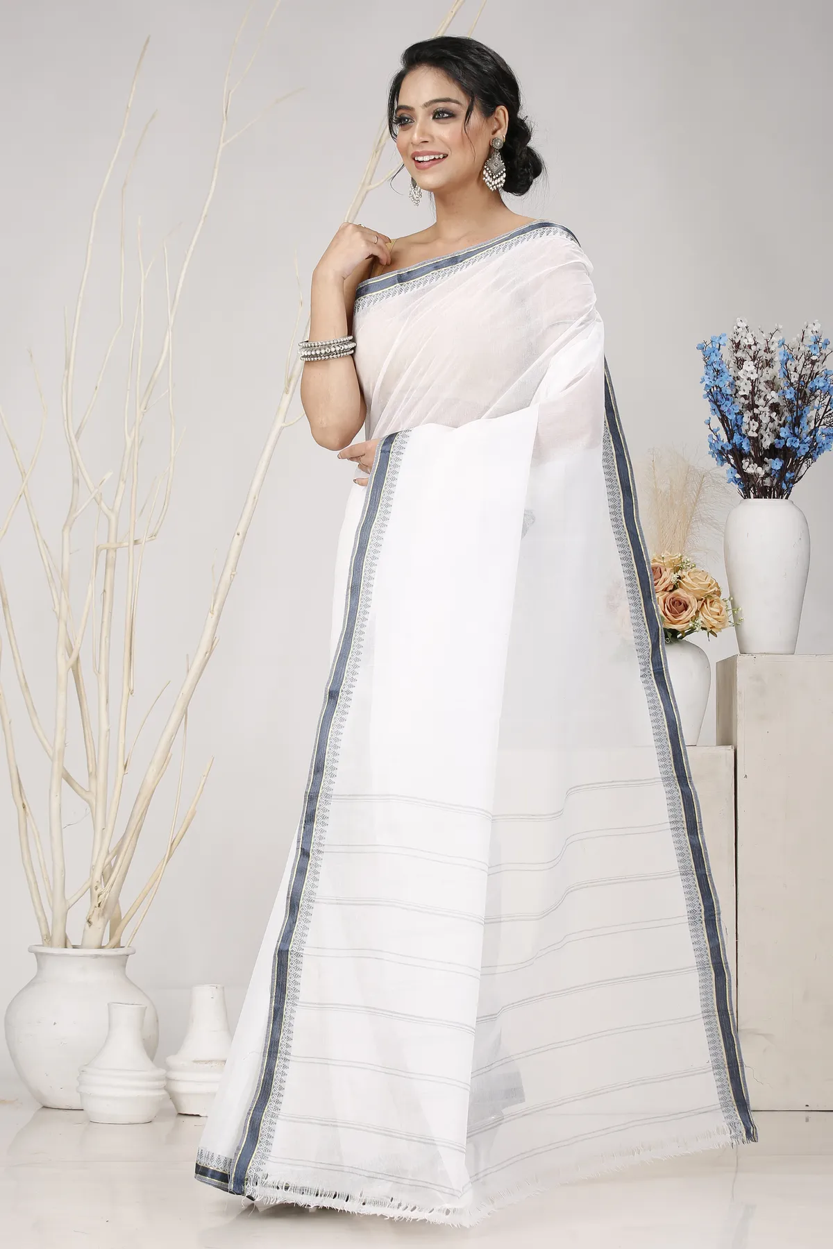 DipDiya Pure Cotton White Black Subra Woven with Love Tant Sarees