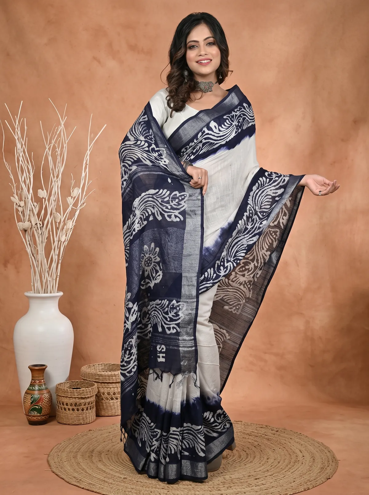 DipDiya Pure Cotton White Blue Batikato Classic Grace Batik Print Sarees