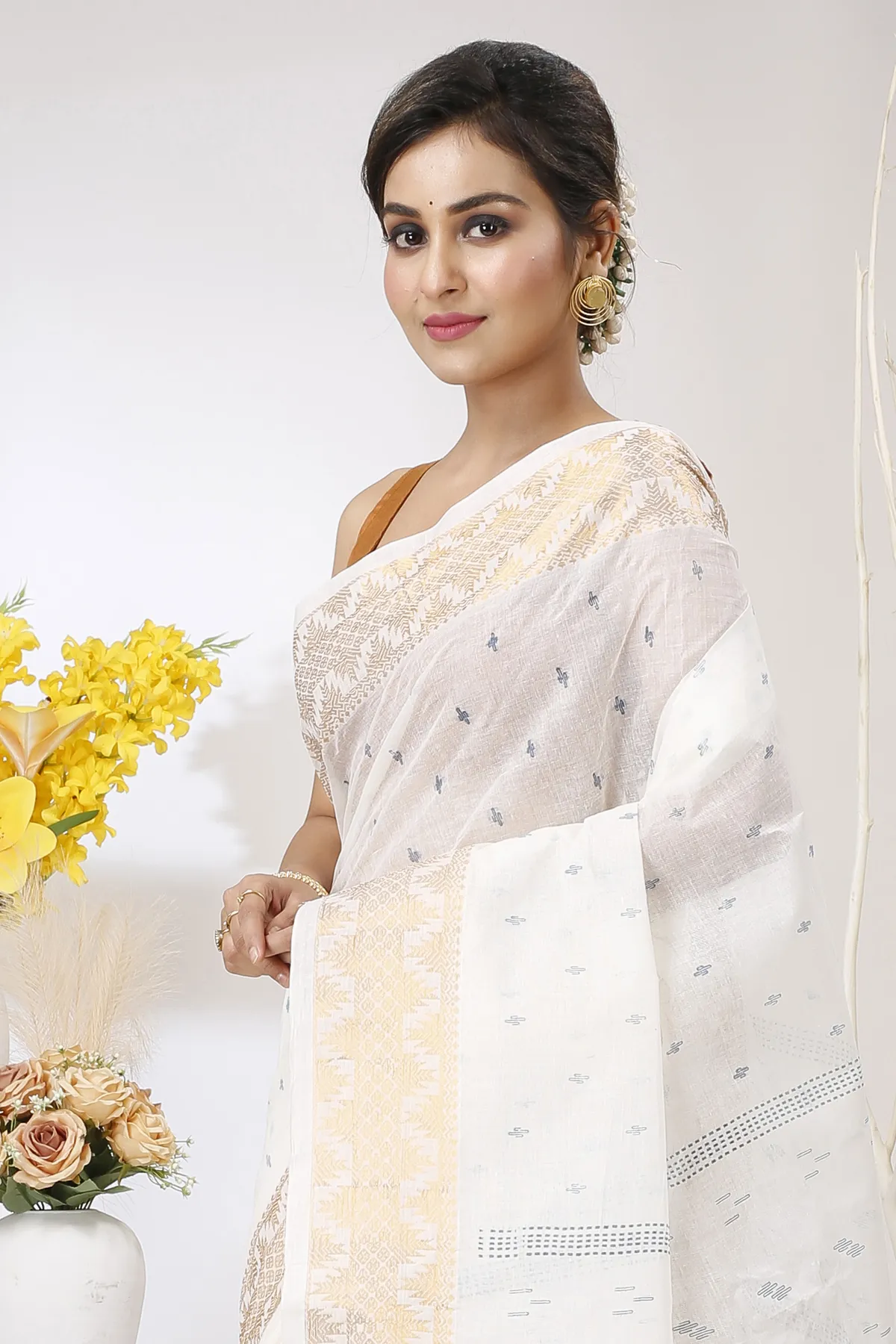 DipDiya Pure Cotton White Blue Levi Classic Grace Printed Tant Sarees