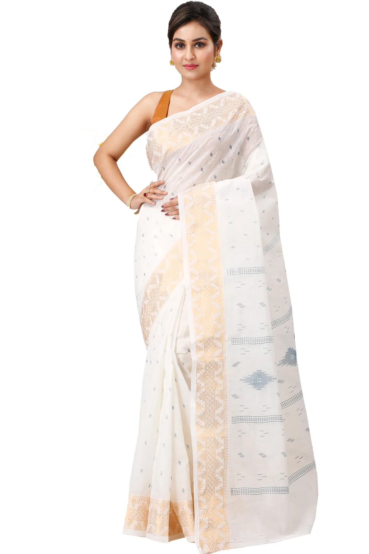 DipDiya Pure Cotton White Blue Levi Classic Grace Printed Tant Sarees