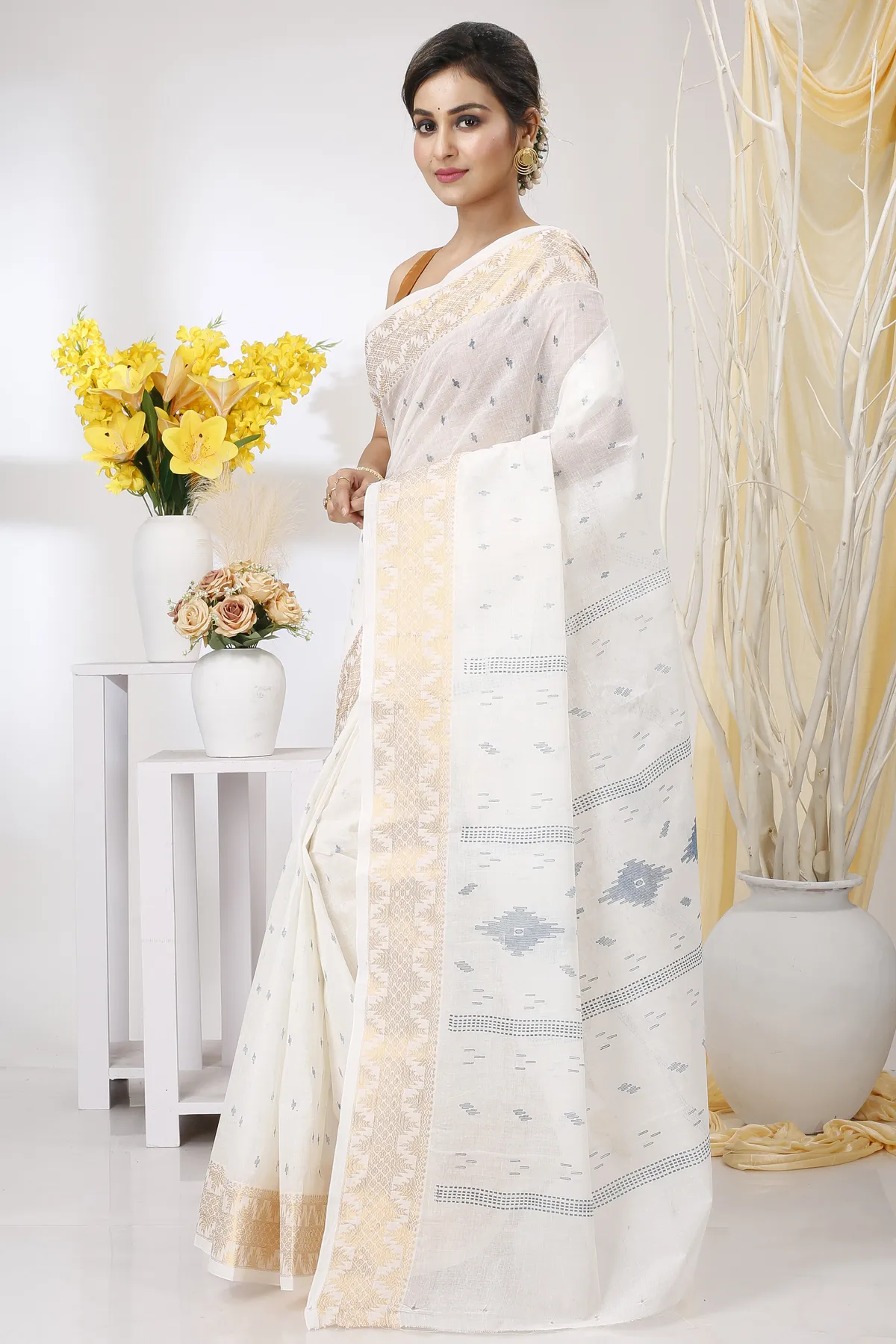 DipDiya Pure Cotton White Blue Levi Classic Grace Printed Tant Sarees