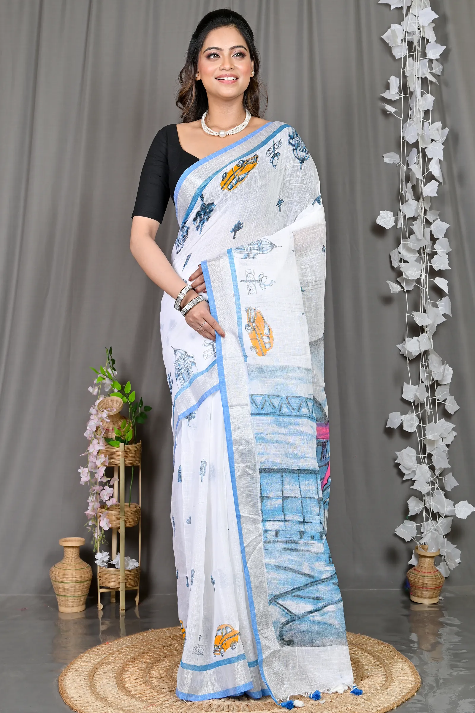 DipDiya Pure Cotton White Blue Soher Handloom Heritage Printed Handloom Sarees