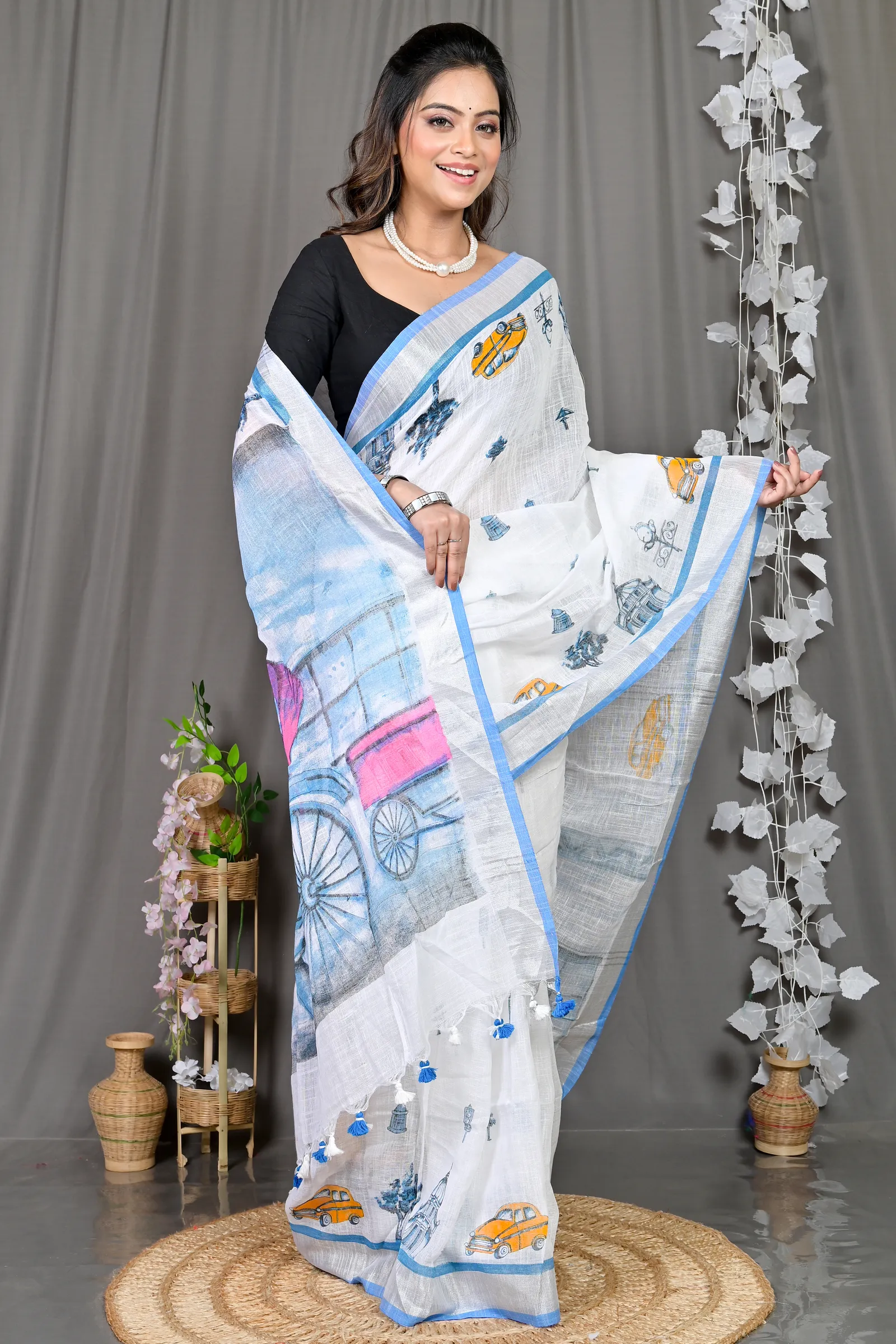 DipDiya Pure Cotton White Blue Soher Handloom Heritage Printed Handloom Sarees
