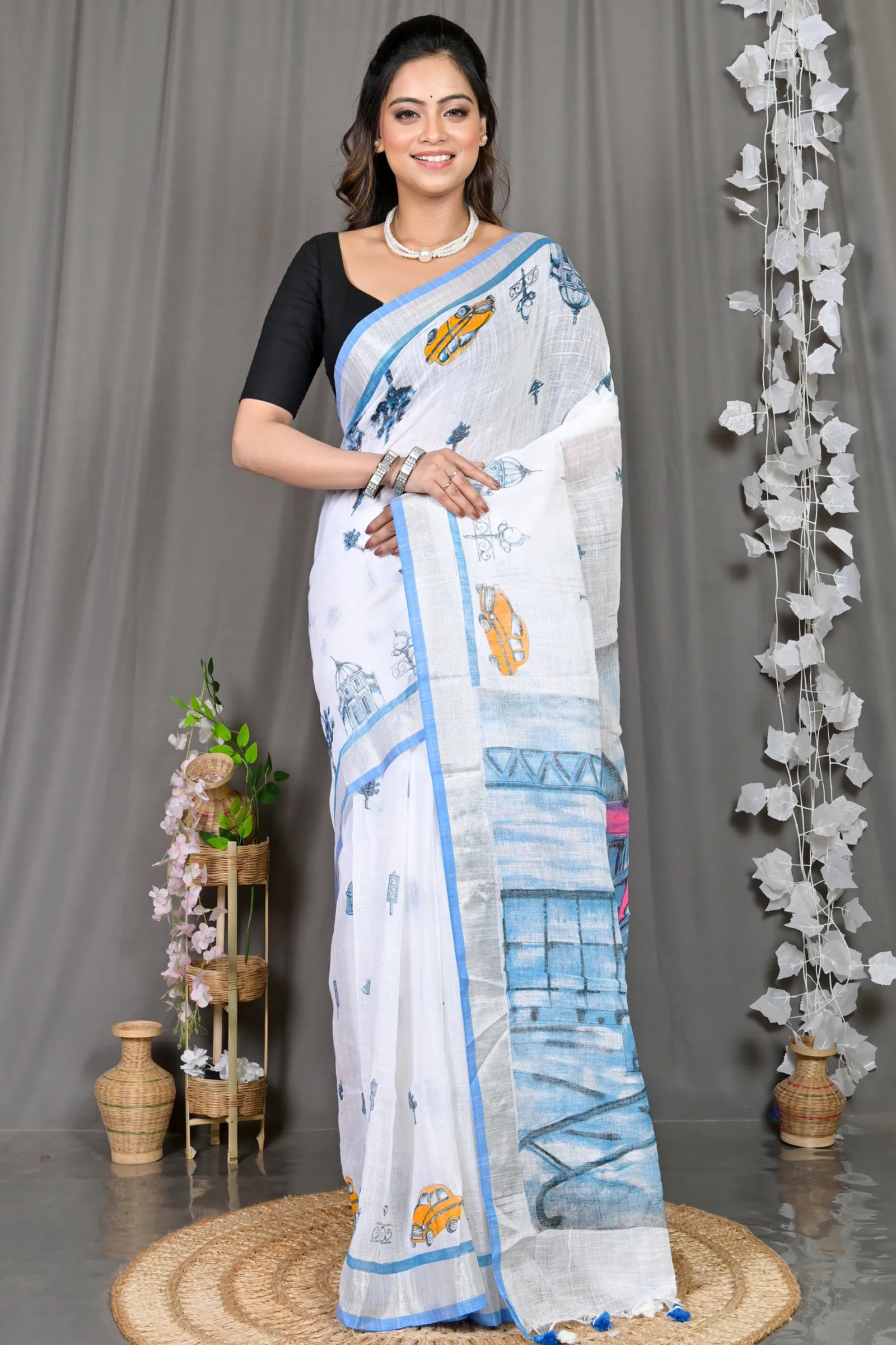 DipDiya Pure Cotton White Blue Soher Handloom Heritage Printed Handloom Sarees