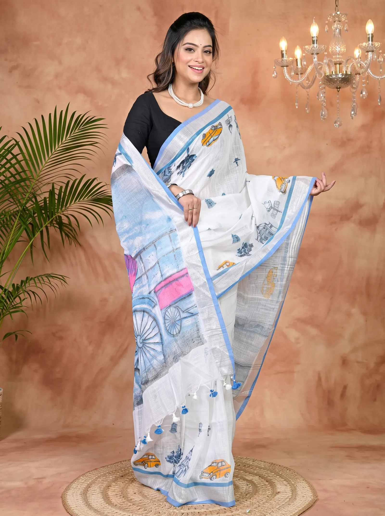 DipDiya Pure Cotton White Blue Soher Handloom Heritage Printed Handloom Sarees