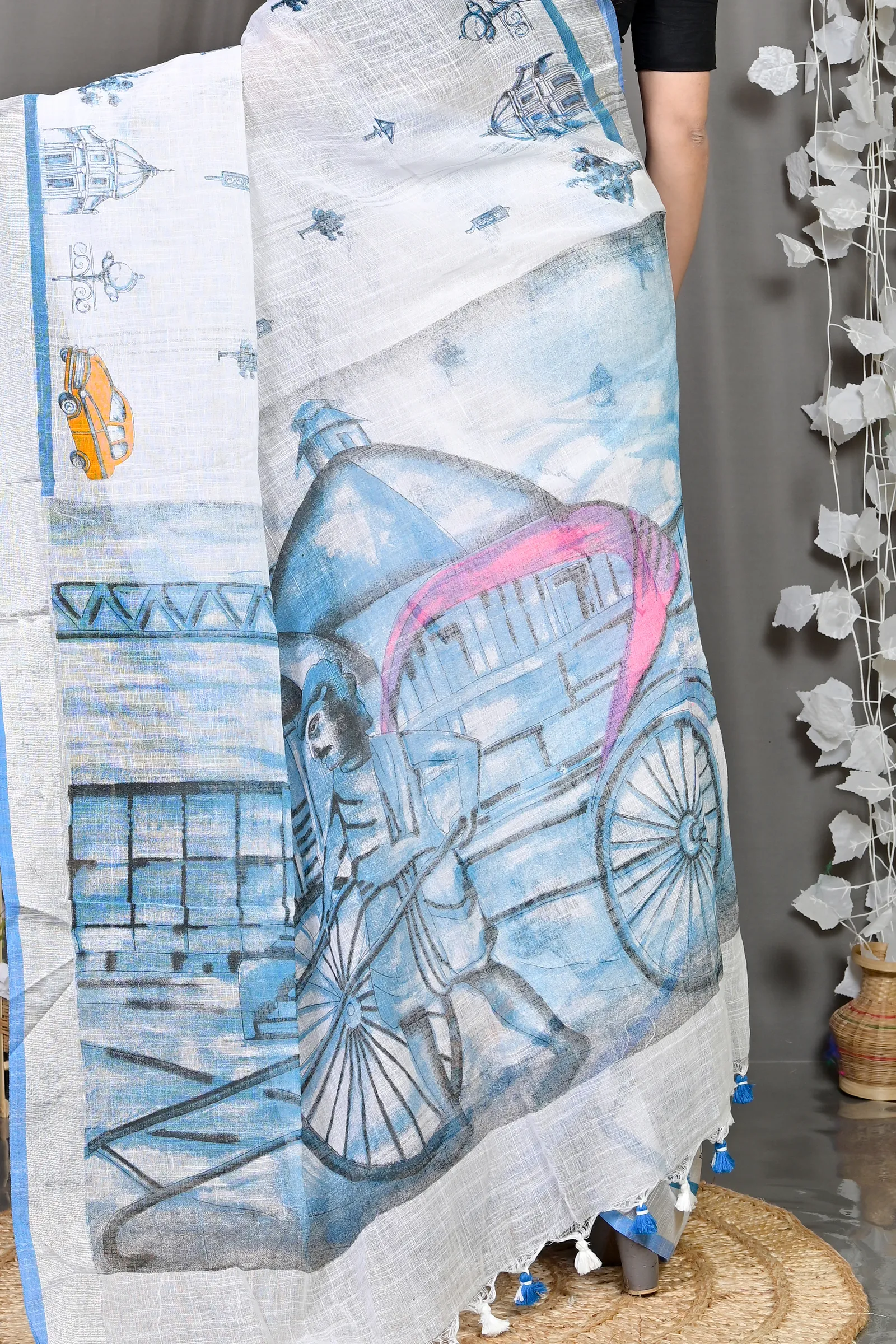 DipDiya Pure Cotton White Blue Soher Handloom Heritage Printed Handloom Sarees