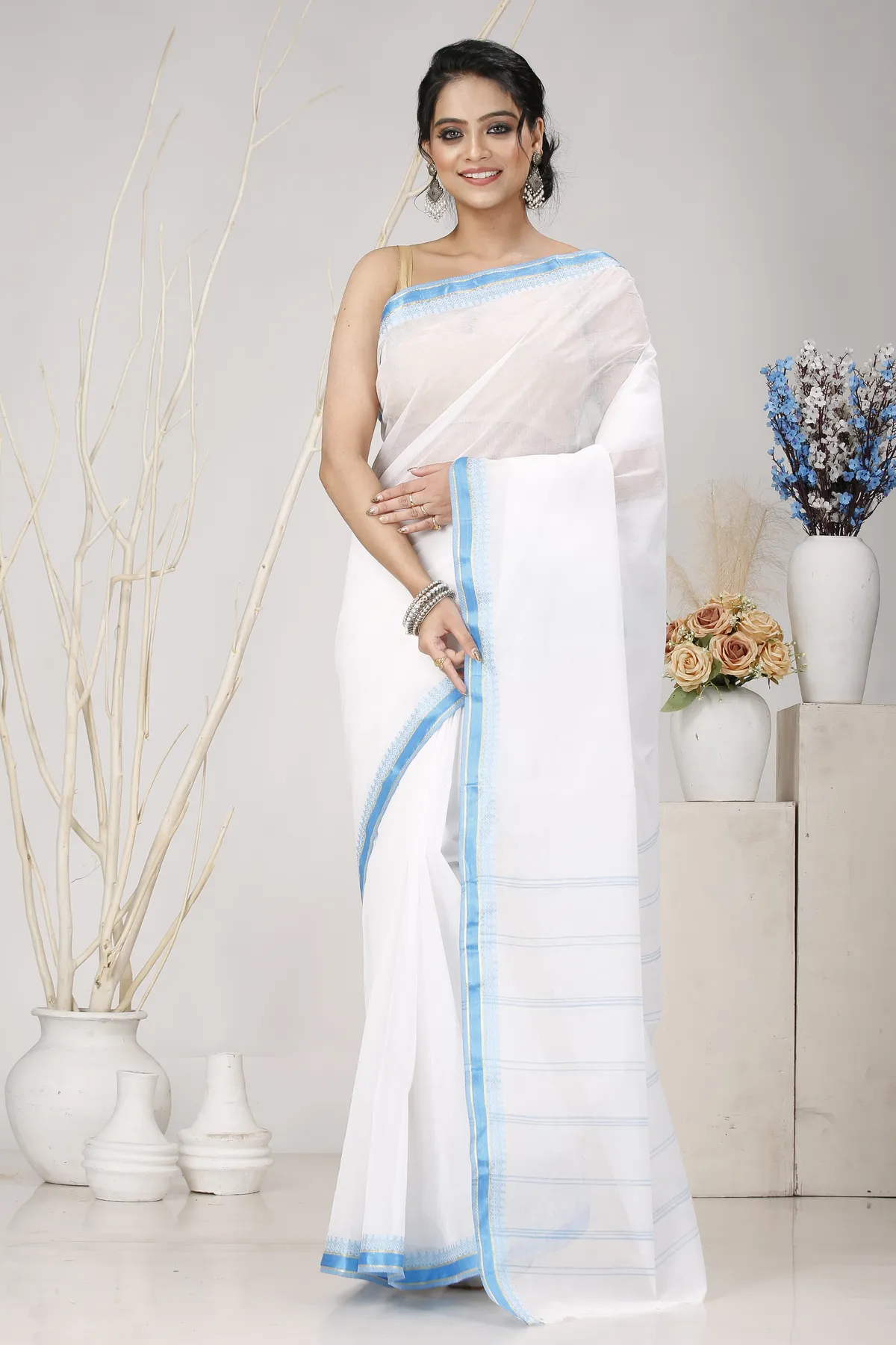 DipDiya Pure Cotton White Blue Subra Weaves with a Story Tant Sarees