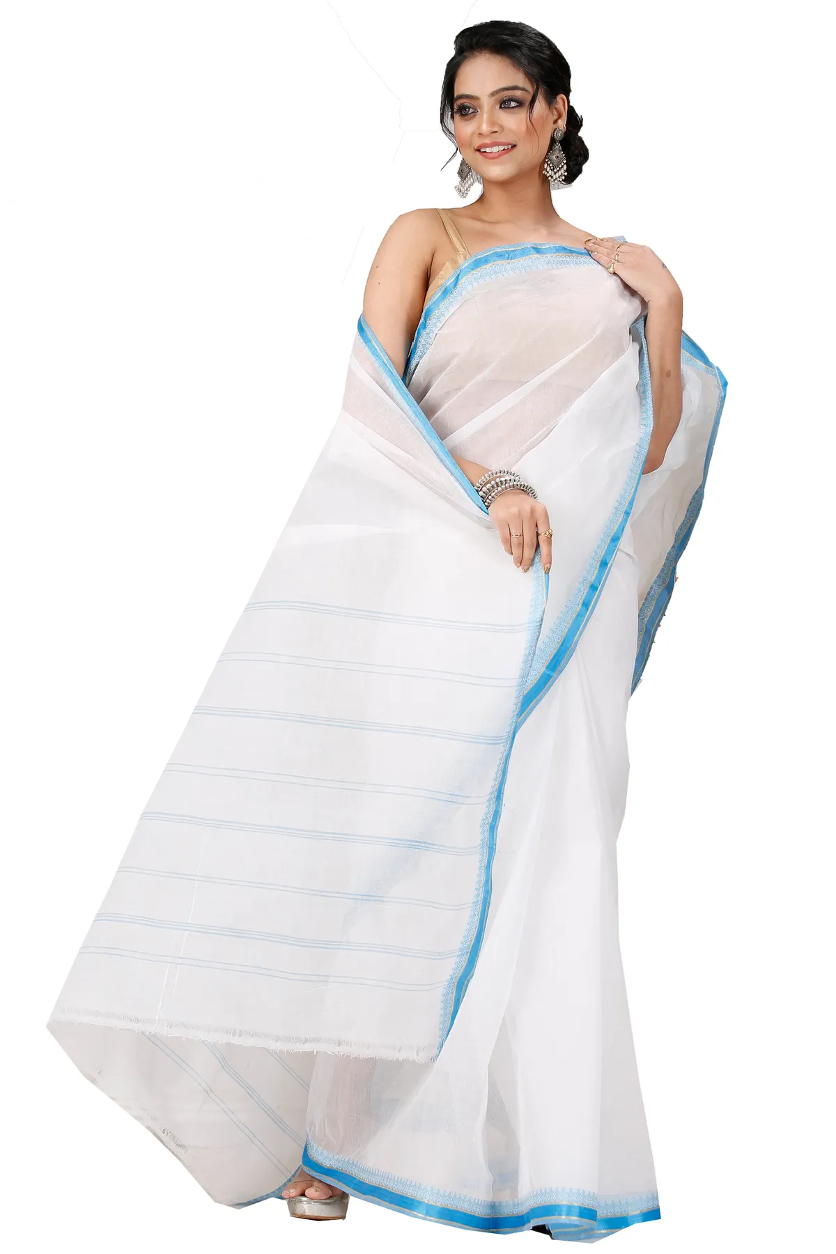 DipDiya Pure Cotton White Blue Subra Weaves with a Story Tant Sarees