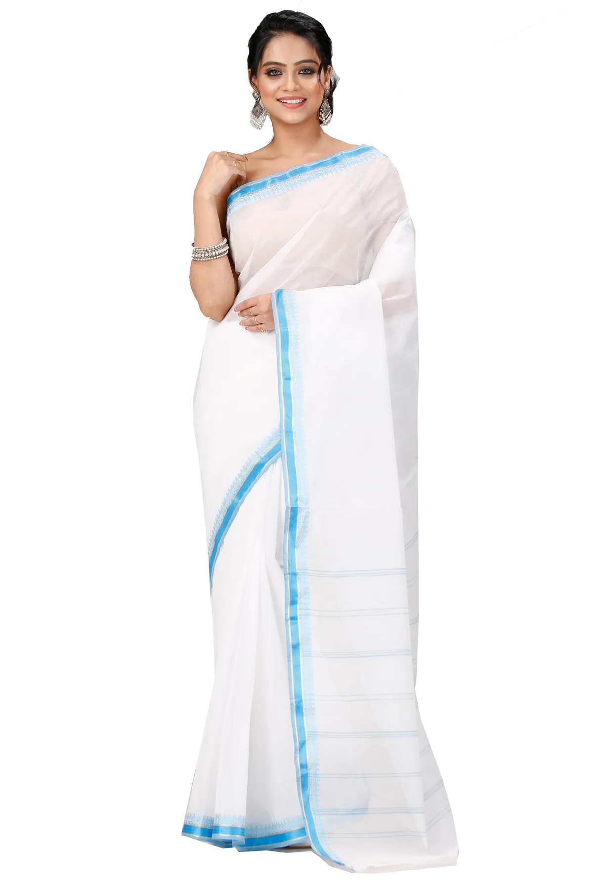 DipDiya Pure Cotton White Blue Subra Weaves with a Story Tant Sarees