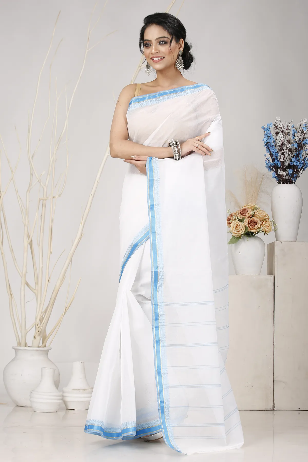 DipDiya Pure Cotton White Blue Subra Weaves with a Story Tant Sarees