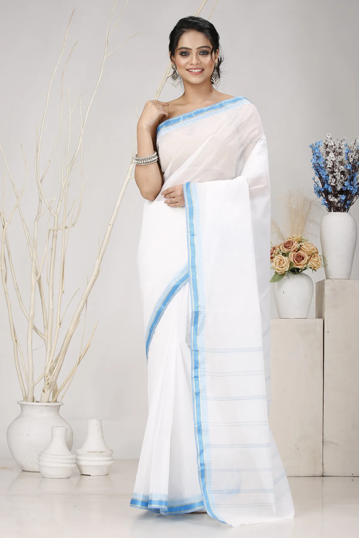 DipDiya Pure Cotton White Blue Subra Weaves with a Story Tant Sarees